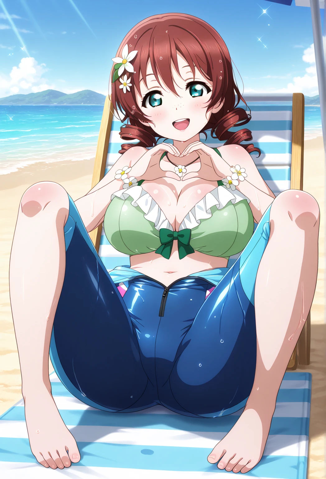 score_9, score_8_up, score_7_up, source_anime, sakimiya iruka, red hair, green eyes, one side up, medium hair, green scrunchie, hair ornament, shiny skin, rating_explicit, large breasts, large ass, grid girl, (cameltoe:1.2), smile, open mouth, wet clothes, (steam on body, heavy breathing), 
