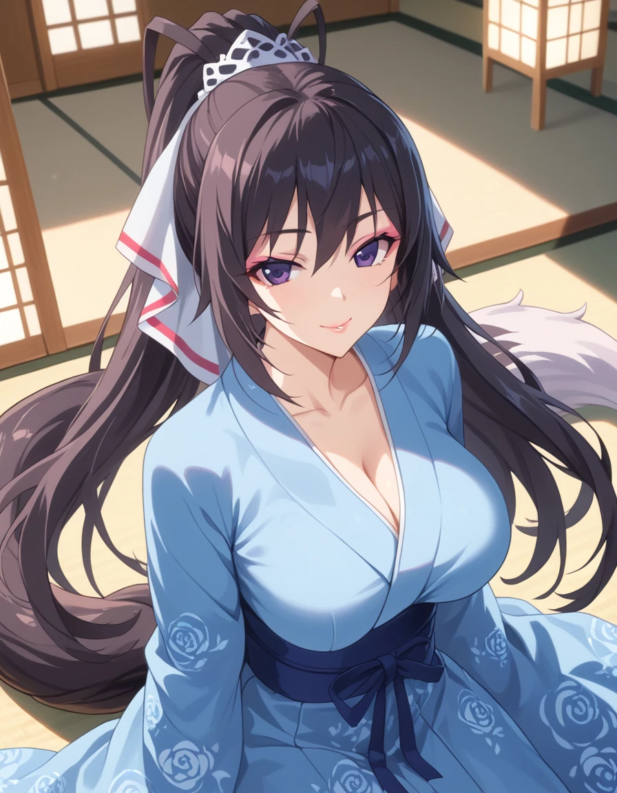 (absurderes、hight resolution、ultra-detailliert)、facial close-up、Facial emphasis、focus on face、One lady、a matural female、Old age、long straight hair、shiny and beautiful hair、blue eyess、bangss、long-sleeve、cleavage of the breast、thighs thighs thighs thighs、white panty、pantiy、Fox mask、Finely drawn eyes and detailed faces、highlight in eyes、Hands without breaks、Abundant lighting、extremely detailed CG unified 8k wallpaper、intricate detailes、portlate、gaze、独奏、Half Shot、Fine drawing face、 soft smiling、Dynamic poses、Classical period、(Ancient Japan themed:1.1)、Japan myths、fox ear、japanes、Regulations、Person Japan blue kimono、Floral kimono、Ancient theme、(Prosperous civilization:1.1)、moon in background、(snow-white:1.1)shrines、torii gate、Japanese landscape、Ancient city in the background、Fox mask on the head、Fantastical、dream-like、Dancing Light、lanthanum、Solemn evening、The Darkness、stele、portraitures、电影灯光