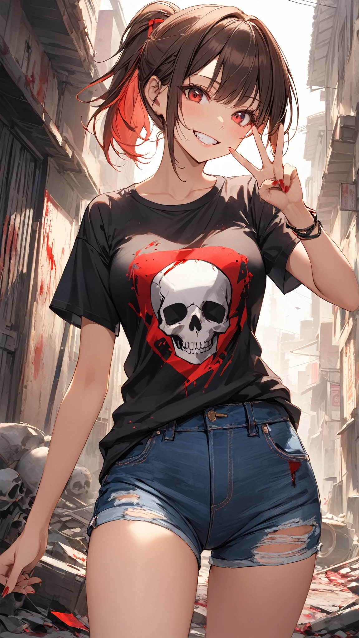 1girl, Girl, Dark red hair, black eyes, two tails with little hair, short hair in the middle of the neck, black necklace on the neck, black t-shirt with a skull, underneath a long-sleeved black t-shirt with flowers on it. the edges, dark blue half-short jean skirt, knee-length black boots, gray pink wavy tights, gray pink shoes, masterpiece, best quality, very aesthetic,