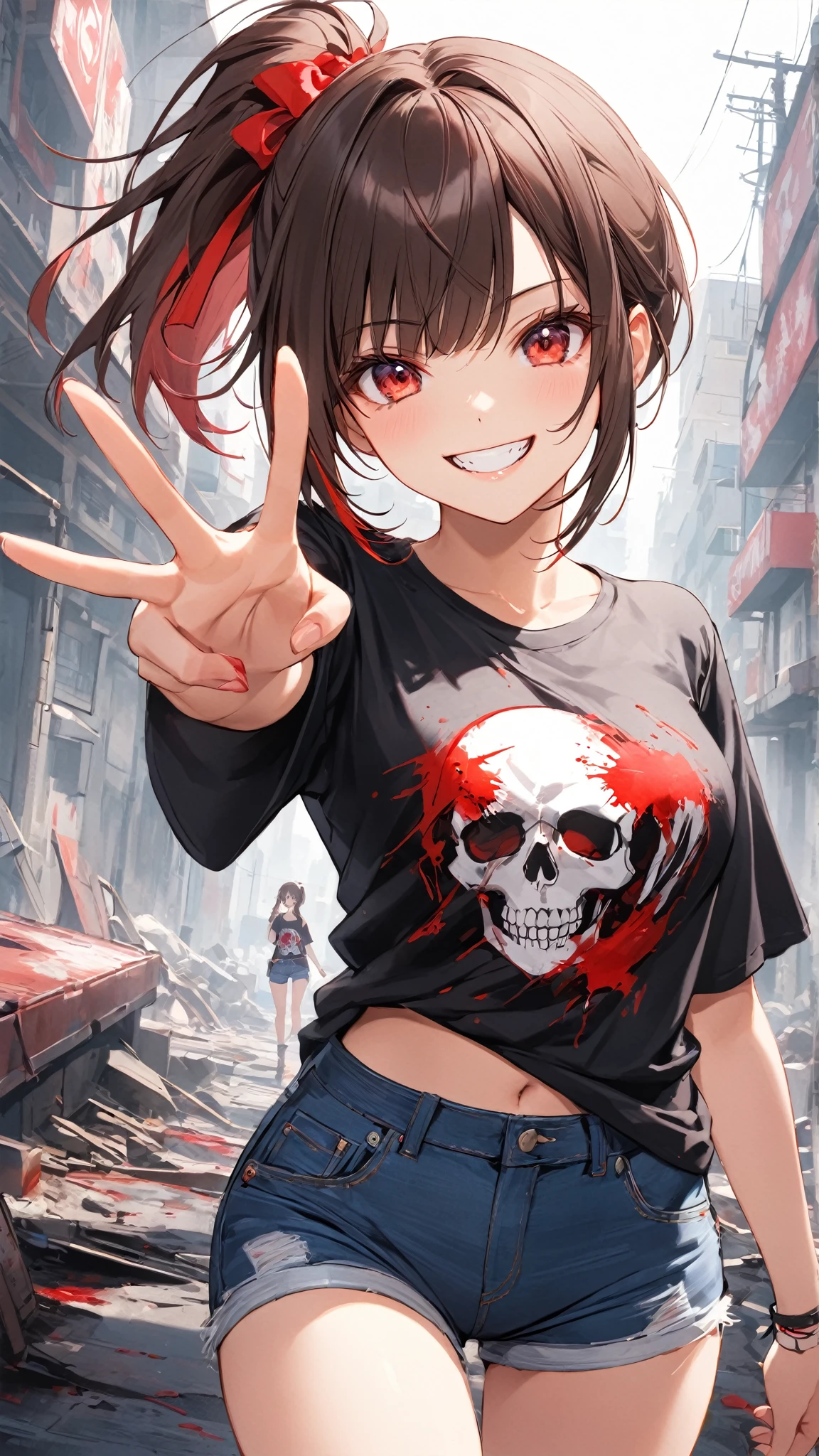 (masterpiece:1.2, best quality), (1 lady, alone, Upper body:1.2), hair: buzz clip, clothing: extra large, Distressed denim jacket with patches and pins, Wear yours with black skinny jeans and military boots, Accessories: Silver earrings and black collar necklace, Hanging out in an underground music venue or street art exhibit