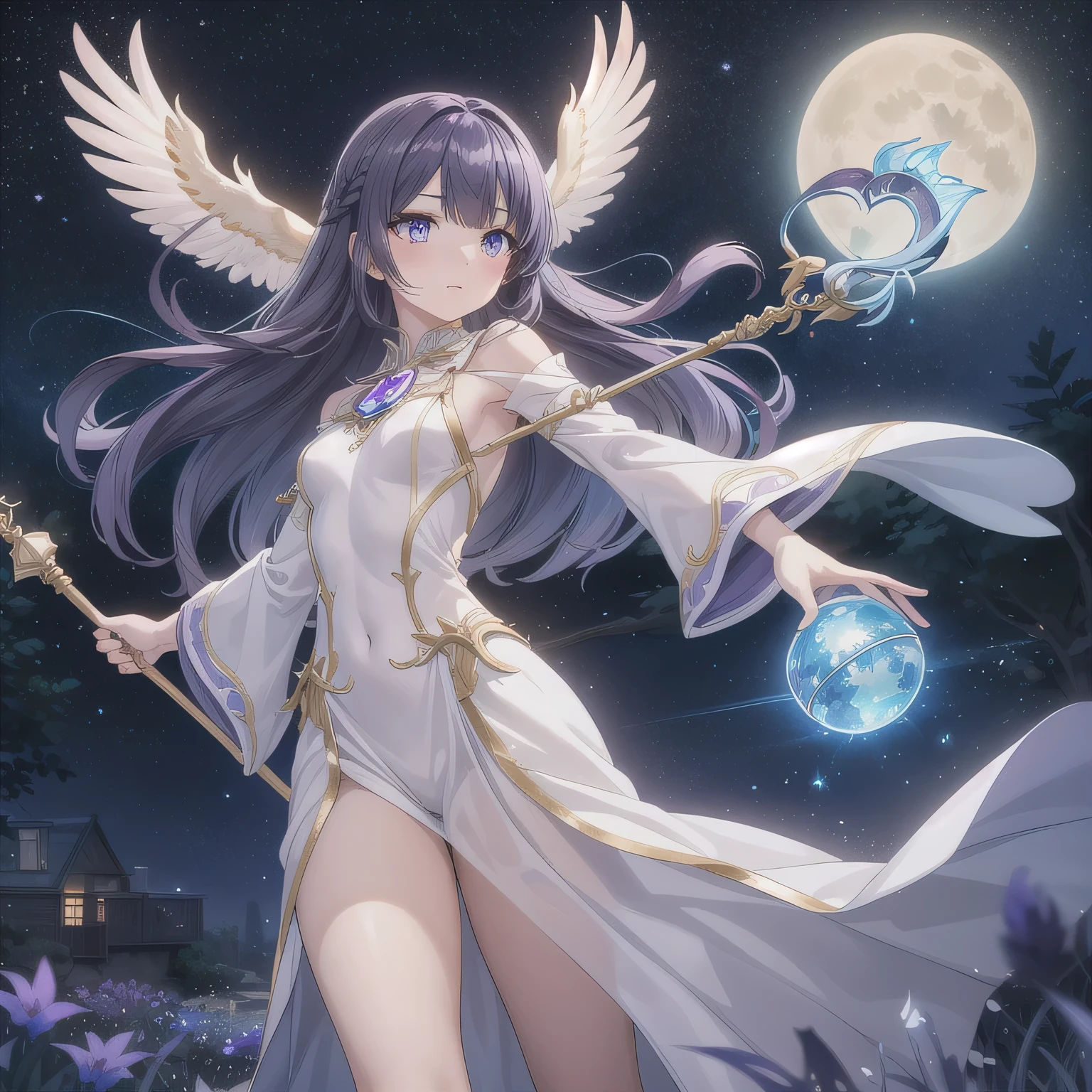 A beautiful, anime-style Japanese magical girl, with long flowing dark hair and deep blue eyes. She wears an elegant, shimmering purple magical outfit with fantasy details, such as frills, ribbons, and glowing accents. She holds a magical staff with a glowing purple gem at the tip. The background features a full moon in a starry night sky, with an owl flying across. Her expression is graceful yet strong, and she radiates a mystical, magical aura. The overall atmosphere should feel enchanting, mysterious, and distinctly magical girl-like, with a touch of elegance and maturity.