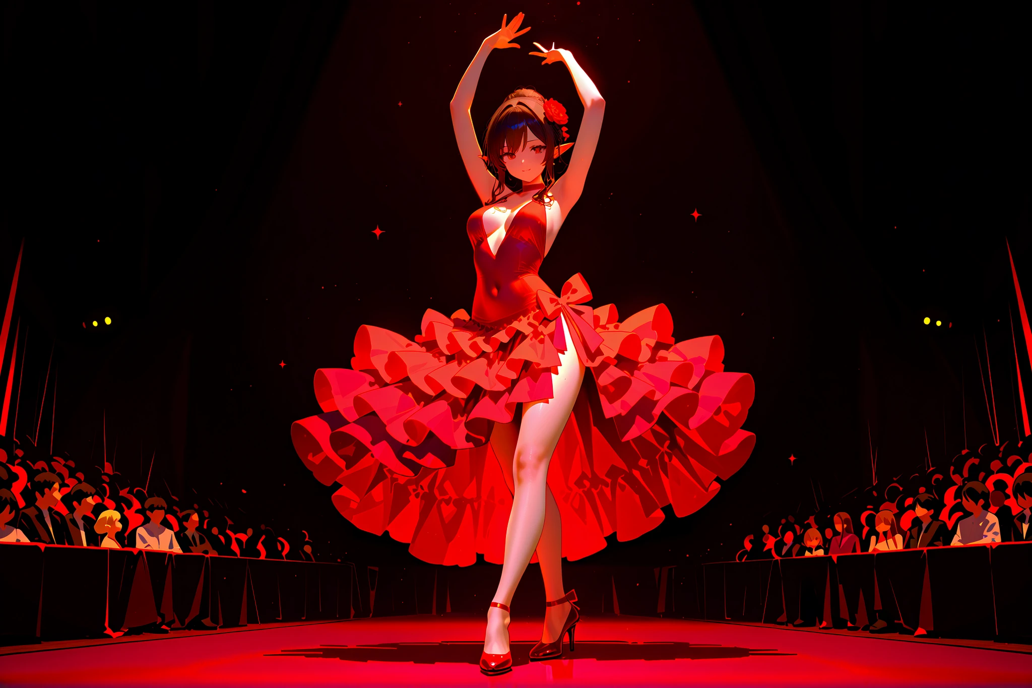 (((Best quality, 8k, Masterpiece: 1.3)), ((best quality)), ((masterpiece)), (detailed), perfect face, perfect body, (detailed skin:1.3), Flamenco dancer, red flamenco dress, red flamenco shoes, elf, pointy ears, Hairstyle (updo), dark brown hair, She is posing with the end of her skirt held up by her right hand. Her left hand is raised high in the air, marking the end of the dance. On stage, under the spotlight, receiving cheers from the crowd