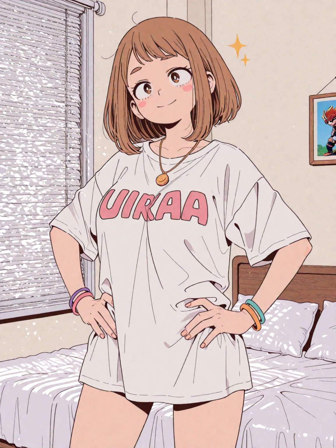 score_9, score_8_up, tied-up cropped shirt, slim jeans, high-top sneakers, small breasts, two-tone hair (brown hair, black tip)), curly hair, halo, sunglasses, jewelry, red eyes, longeyelashes, red eyes, smile, shy, blush, pose