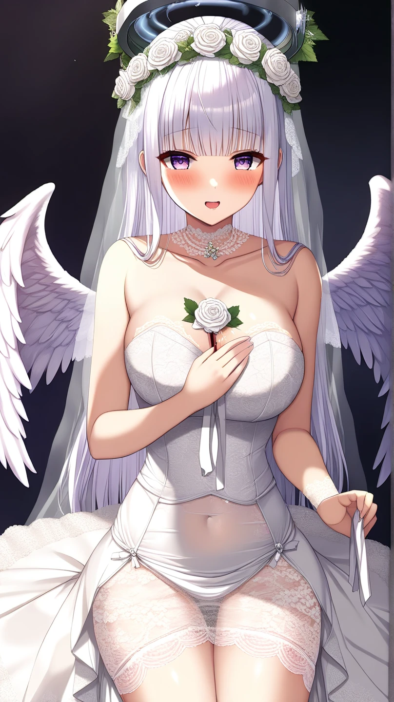 ((best quality)), ((masterpiece)), (detailed:1.2), perfect face,1girl, anime girl, white dress, long dress, stand up, beautiful girl,anime succubus, beautiful succubus, wings, demon wings,tail, pink tail, succubus with long dress, white dress, white skirt,white hair,(hair:1.2), red right eye, blue left eye,stand up, looking at viewer, cute,cute demon girls,very cute succubus,Stand in front of the Cherry blossom,bring a bouquet of flowers, wedding bouquets, white flowers,tails seductive,white stocking,open tail, super detailed,colorful,flower crown, crown on head, flower crown on head