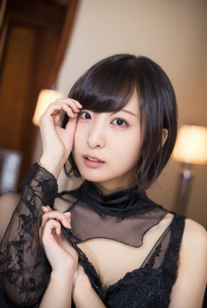20 years, 8k, RAW Portrait (Japanese Girls), photo Realistic, Ultra-high resolution, highest quality, Actual photo , dramatic, atmosphere, (At night :1.3), Realistic,
One girl, a very beautiful Japanese Girls, Glamorous shot of a girl, Textured skin, (smile:0.7), (Grin:0.7), short hair, Pale skin, lips,
Big and beautiful eyes, Black Hair, Beautifully detailed nose, Upper Body, purple erotic lingerie,Garter Stockings