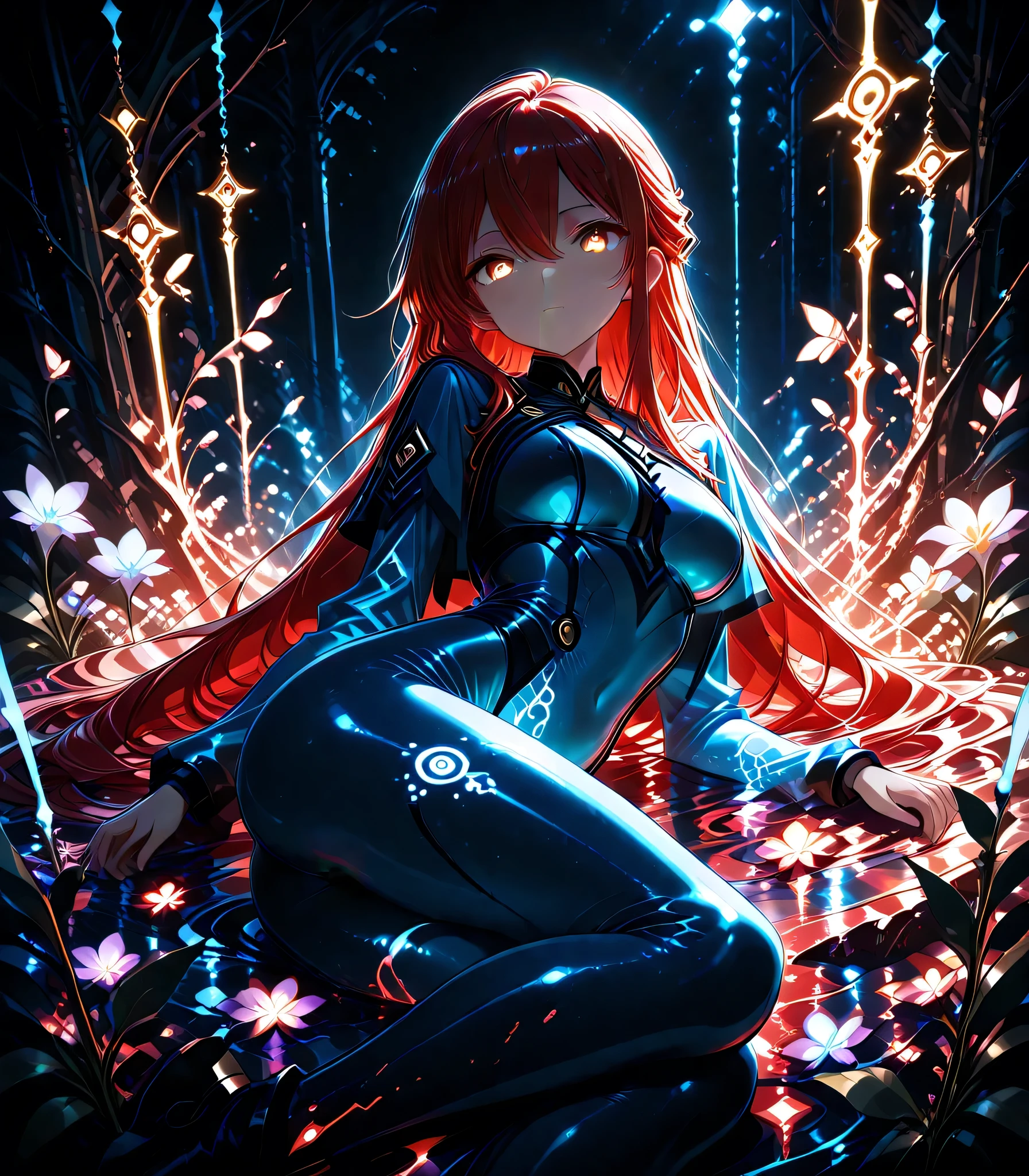 (masterpiece, best quality, ultra-detailed, best shadow), (detailed background, dark fantasy), (cowboy shot), ((extreme low angle)), (beautiful detailed face), high contrast, (best illumination, an extremely delicate and beautiful), ((cinematic light)), colorful, hyper detail, dramatic light, intricate details, (1girl, solo, red hair, sharp face, low twin tails, aqua eyes, hair between eyes, dynamic angle), blue radiant water splatter, swirling white halo light from the character, (depth of field), white light particles around, (vivid colorful stained glass), magic circle,