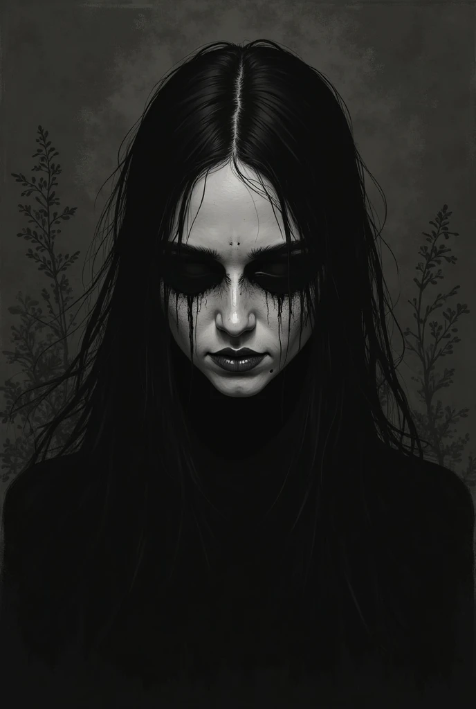 bs, solo, simple background, monochrome, upper body, greyscale, bodysuit, black background, 1other, monster, arms at sides, horror (theme), a girl, her jaw is broken, blooded