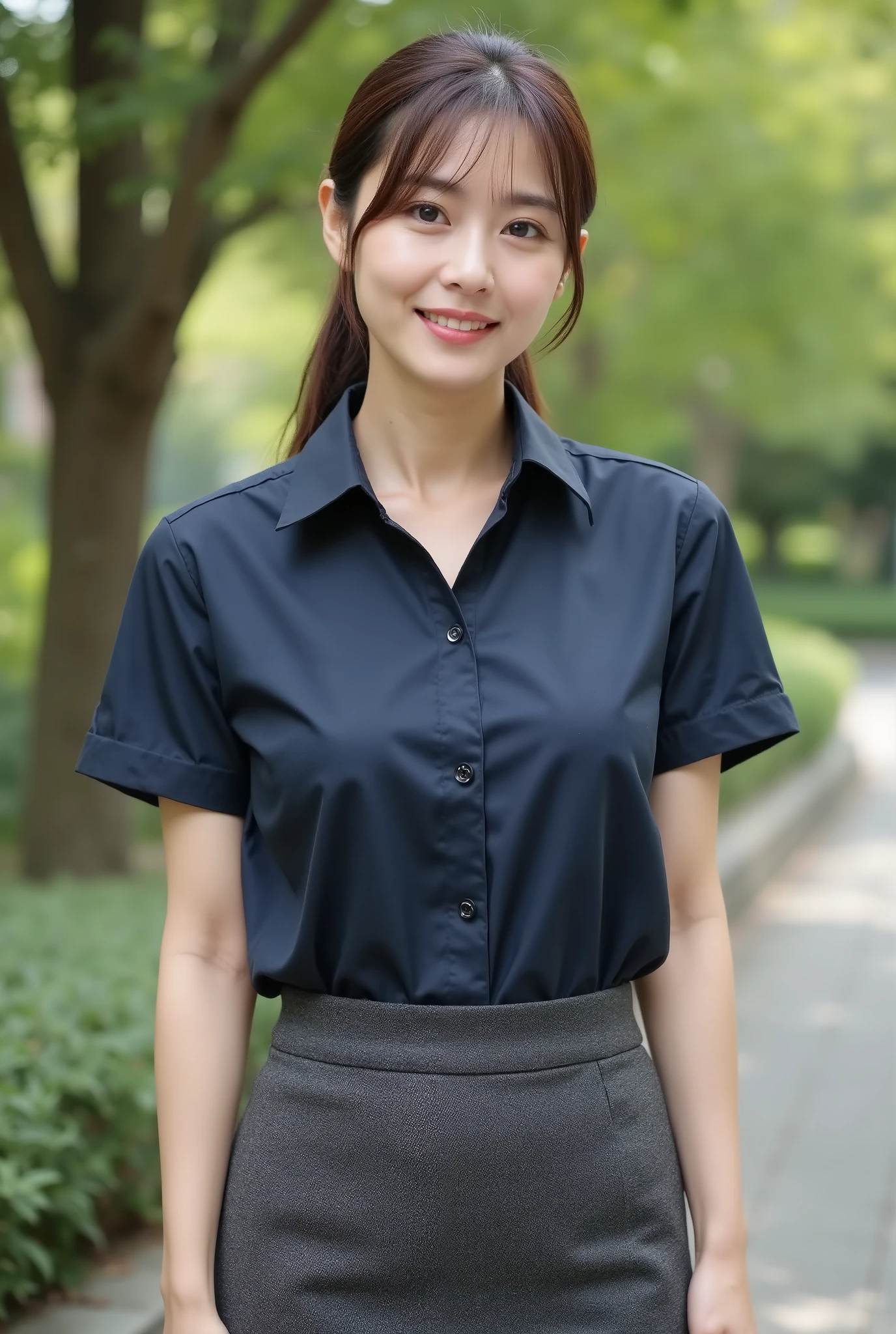 (8k, RAW photo, best quality, masterpiece:1.4)
(Youthful 35-year-old Japanese housewife),
(Long, well-defined face, big eyes, glossy lips:1.4)
(Long, light brown hair in a ponytail:1.2)
(Short-sleeved dark blue shirt dress:1.5)
(Charcoal gray patterned pencil skirt:1.4)
(Slender body, slim waist:1.4)
(Diagonal waist shot:1.3)
(Shot in the shade of a park in the sun:1.2)