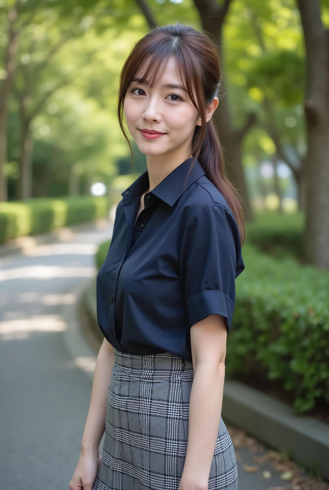 (8k, RAW photo, best quality, masterpiece:1.4)
(Youthful 35-year-old Japanese housewife),
(Long, well-defined face, big eyes, glossy lips:1.4)
(Long, light brown hair in a ponytail:1.2)
(Short-sleeved dark blue shirt dress:1.5)
(Charcoal gray patterned pencil skirt:1.4)
(Slender body, slim waist:1.4)
(Diagonal waist shot:1.3)
(Shot in the shade of a park in the sun:1.2)