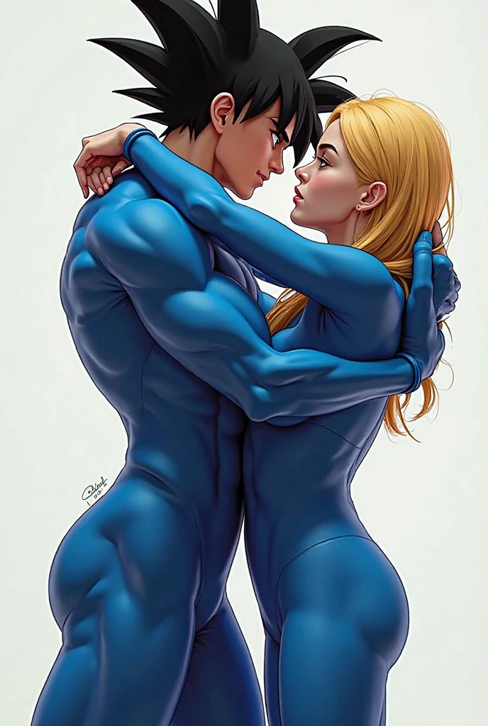 Brown woman with long wavy hair, slanted red eyes, blue skin, sexy and innocent look, half naked, wearing a Sport bra, nice body with curves, lying on a bed, kissing a man, Tounge kissing, silver hair and straight hairstyle up, boxers, boner, hugging the woman, lying on the same bed, both are sweating, blushed, semi-realistic, perspective photography, Full HD