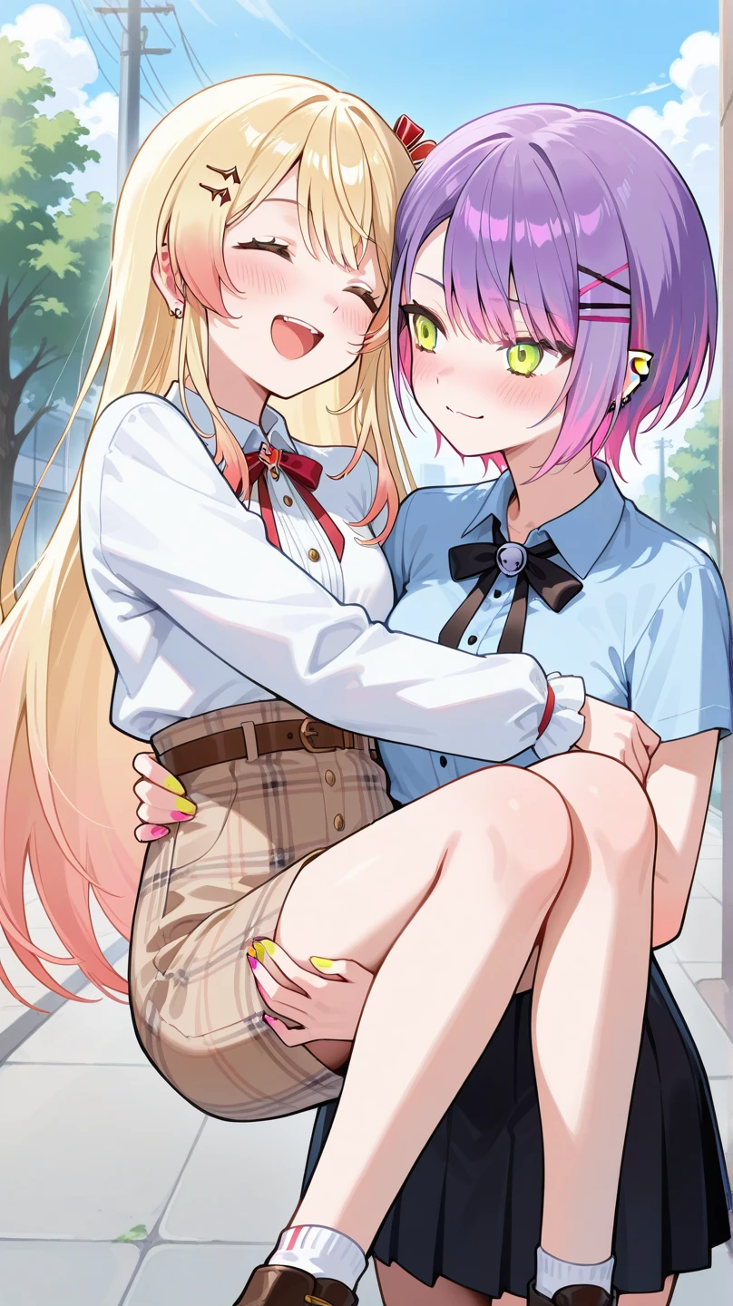 masterpiece, Highest quality, so beautiful, Absurd,High resolution,One girl, One boy,Cuddling in bed, like,sexy,Look at each one, blush,Age difference,bow tie,Blonde,chest,Long Hair,Pink Hair,pleated skirt,Tucked in shirt,short hair,skirt,smile,Tent shirt