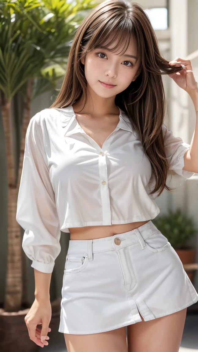 Beautiful 17 year old girl,Cute beautiful sexy face, A strong wind blows my hair in front of my face,Beautiful super long metallic blonde French long hair, Cute and sexy eyes.。、Belly button shirt、A very short white shirt and a checked miniskirt、Turn around and look at me with a smile、Cute eyes、I can see big 、trader