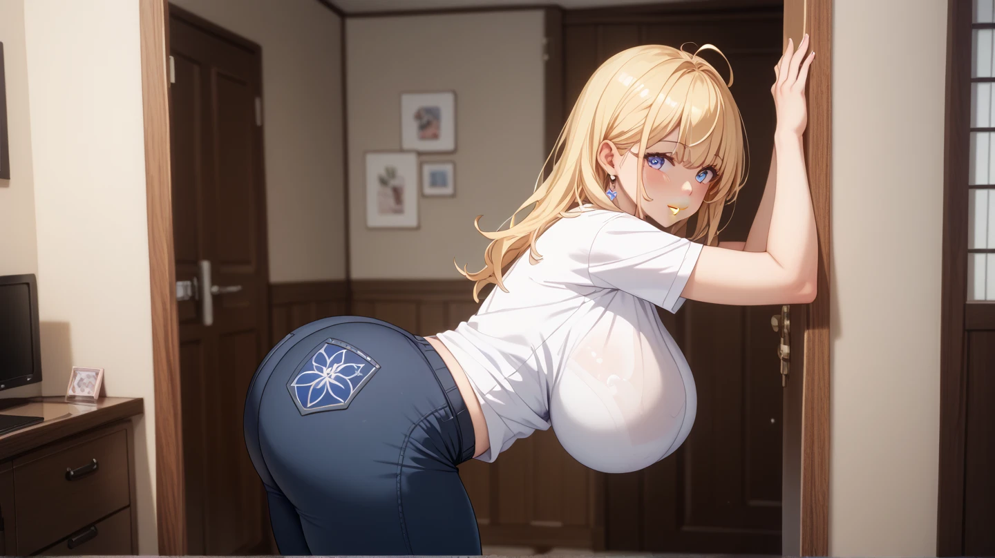 Highest quality, High resolution,8k、Beautiful Face、Perfect Face、naked、One person、((Having sex in a doggy style position)),Boobs shaking violently up and down、A large amount of semen is applied、Cool look、blush(1.9)、Sweat(1.9)、steam、Golden Hair(Braided at the back、Hair styled in a way that hangs down the back), Round eyes、Brown eyes, Long Hair, Mole under eye, Huge breasts(0.9), bangs(Berry Short、Bob), Cleavage, clavicle,Big Butt, indoor, Final fantasy(anime、panel,Pannero、Penelo(Pulled up to her chest)、hair ornaments、Ballet Leotards(Short sleeve、High leg、Exposing)、(Exposed nipples))、{An angle where the face is directly observed} One person黒人男性,Big Penis,(A man is having sex from behind、holding Breast)
