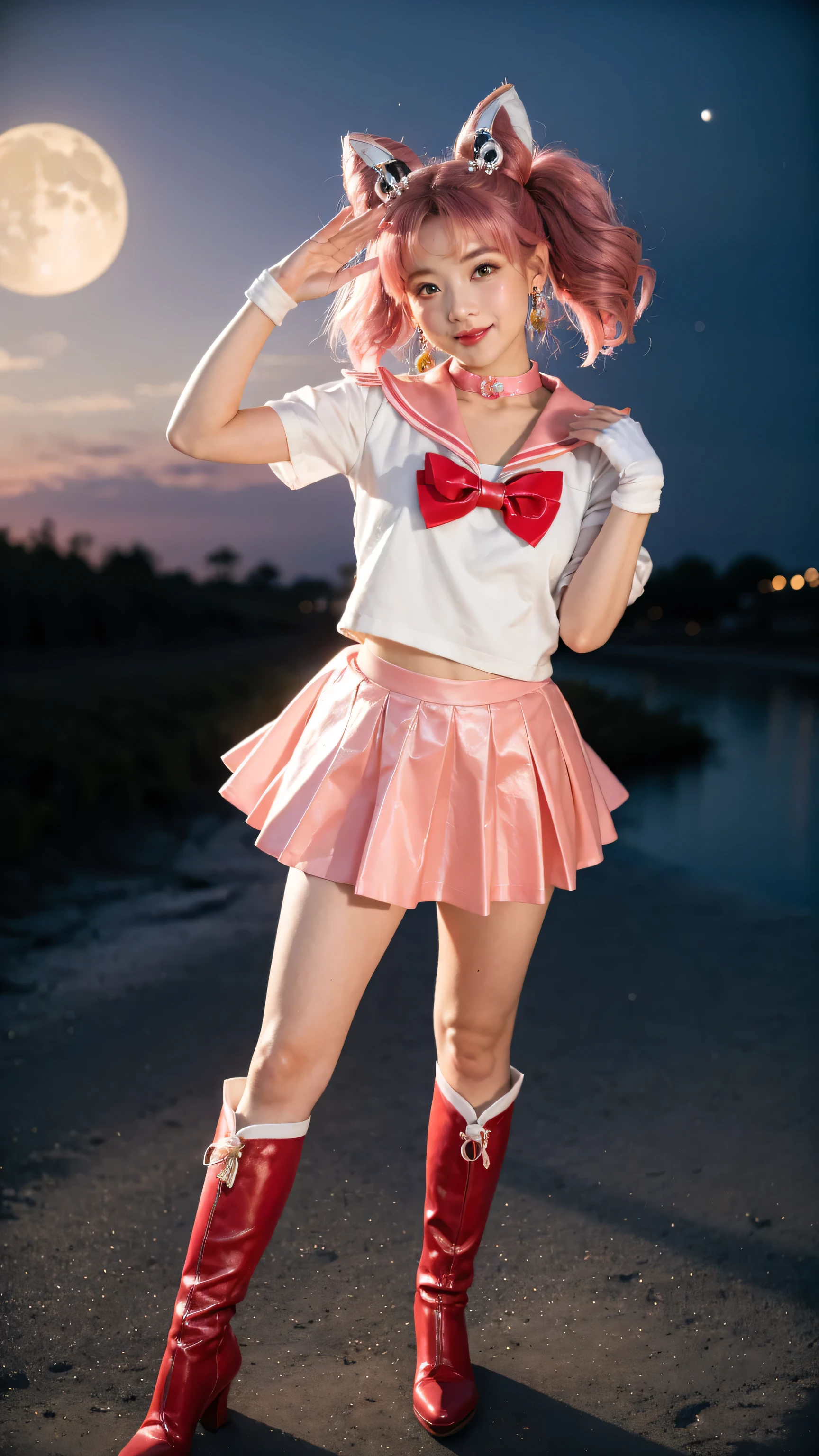 (8K, top-quality, masterpiece:1,2), (reallistic, Photorealsitic:1.37), Super Detail, One girl,), (Highly detailed), (beautifully detailed eyes), (of the highest quality), (super detailed ), (masterpiece), (Detailed face),20yr old, ,1 girl, full body, pink hair,Very short hair, medium breasts, clothed, Perfect Lighting, pussy and breast focus, looking at viewer, aroused face, naughty face, sailor senshi uniform, pink skirt, elbow gloves, tiara, pink sailor collar, red bow, pink choker, white gloves, jewelry, brush, skirt lift, standing, white leotard, milf, ornate fabric, leather texture, dramatic lighting, atmospheric, depth of field, comic style, watercolor style, floating hair, wind, wind lift, Night sky, full moon, on the roof