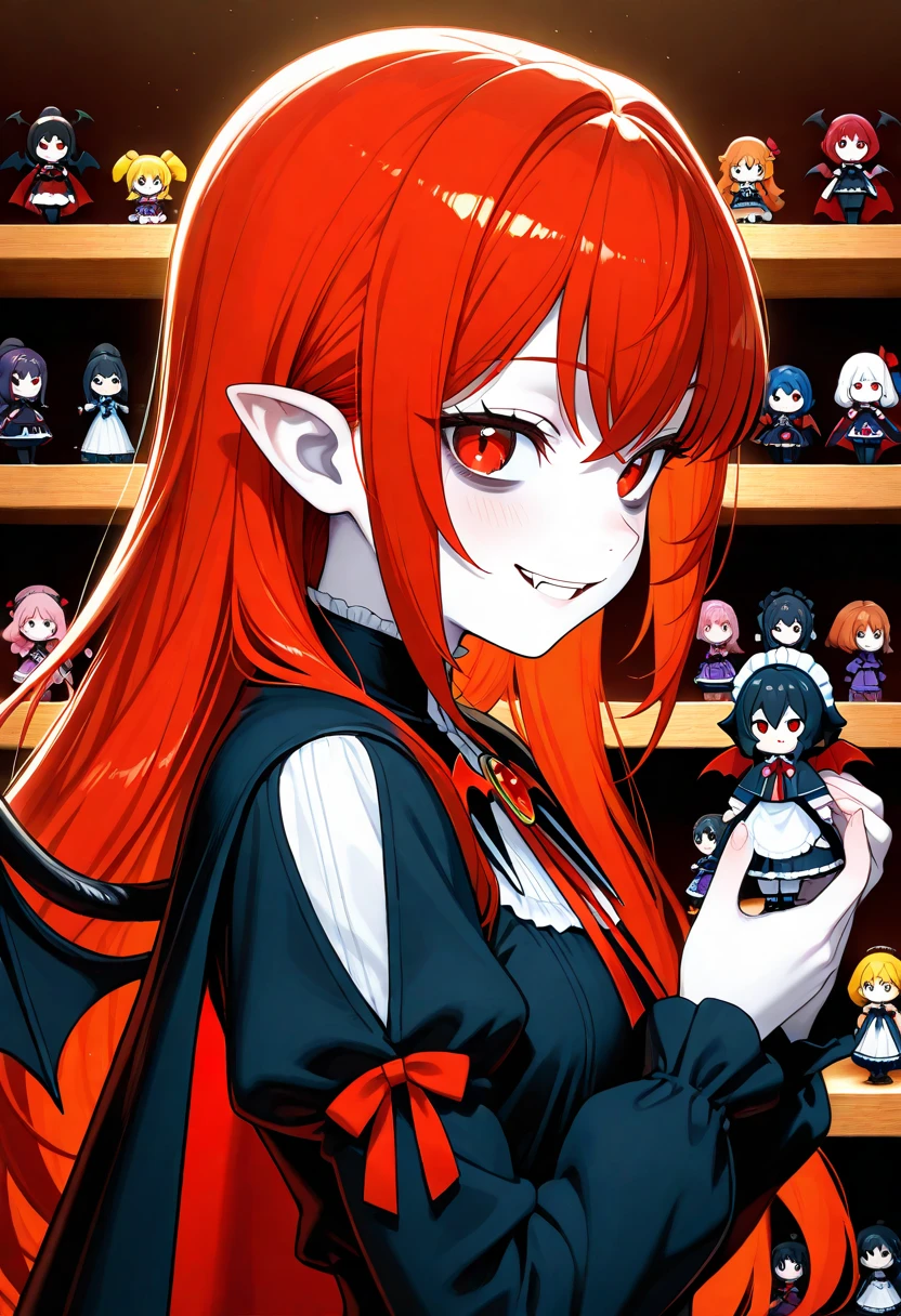 Very High resolution,cute anime-style,Rich colors,masterpiece,best quality,amazing quality,hyper-detailed,very aesthetic,from side,A shelf displayed with a large number of extremely intricately made anime figure dolls of female vampires,Various outfits,Various hairstyles,Various hair colors,Bat wings,A cape,A female vampire about to place a new figure doll on the shelf,Close-up of the upper body,White skin,Red eyes,the upper canine teeth are sharp and long vampire fangs,A evil smile,bags under eyes
