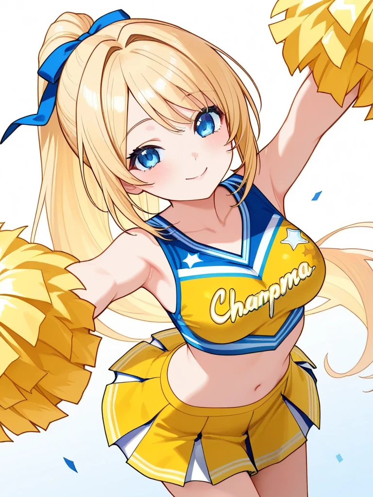 blonde、blue eyes、girl、Small breasts、Twin tails、、girl、Small breasts、Lolita、Bright smile、Looks about 15 years old、Petan Musume、short、目のhighlight、Sexy thighs、Cheerleader、Please show me your armpits、Your eyes are so beautiful、highlight
