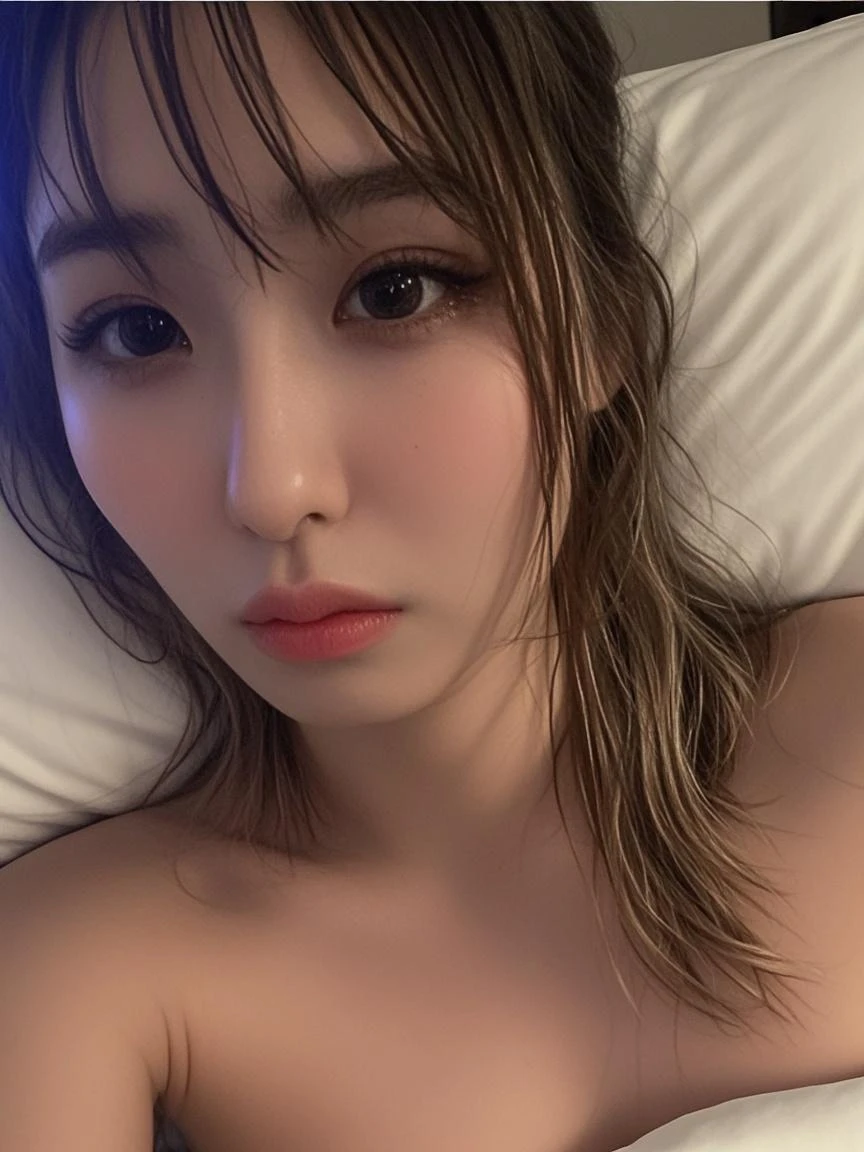 She looks about 13 years old.,huge-breasted,Chest,Brown hair straight ponytail,Babyface× Short,Best Quality,Anatomically correct,Cinematic lighting,textured white skin,masutepiece,Realistic, Ultra-detailed,Brown eyes, dynamic light and shadow, High resolution, Sharp Focus, Realistic pupils,beauty detailed eye,Twinkle Eyes,masutepiece,Best Quality,1 girl,{(laying on back in bed,Sleeping)}Black nightgown,She closes her eyes