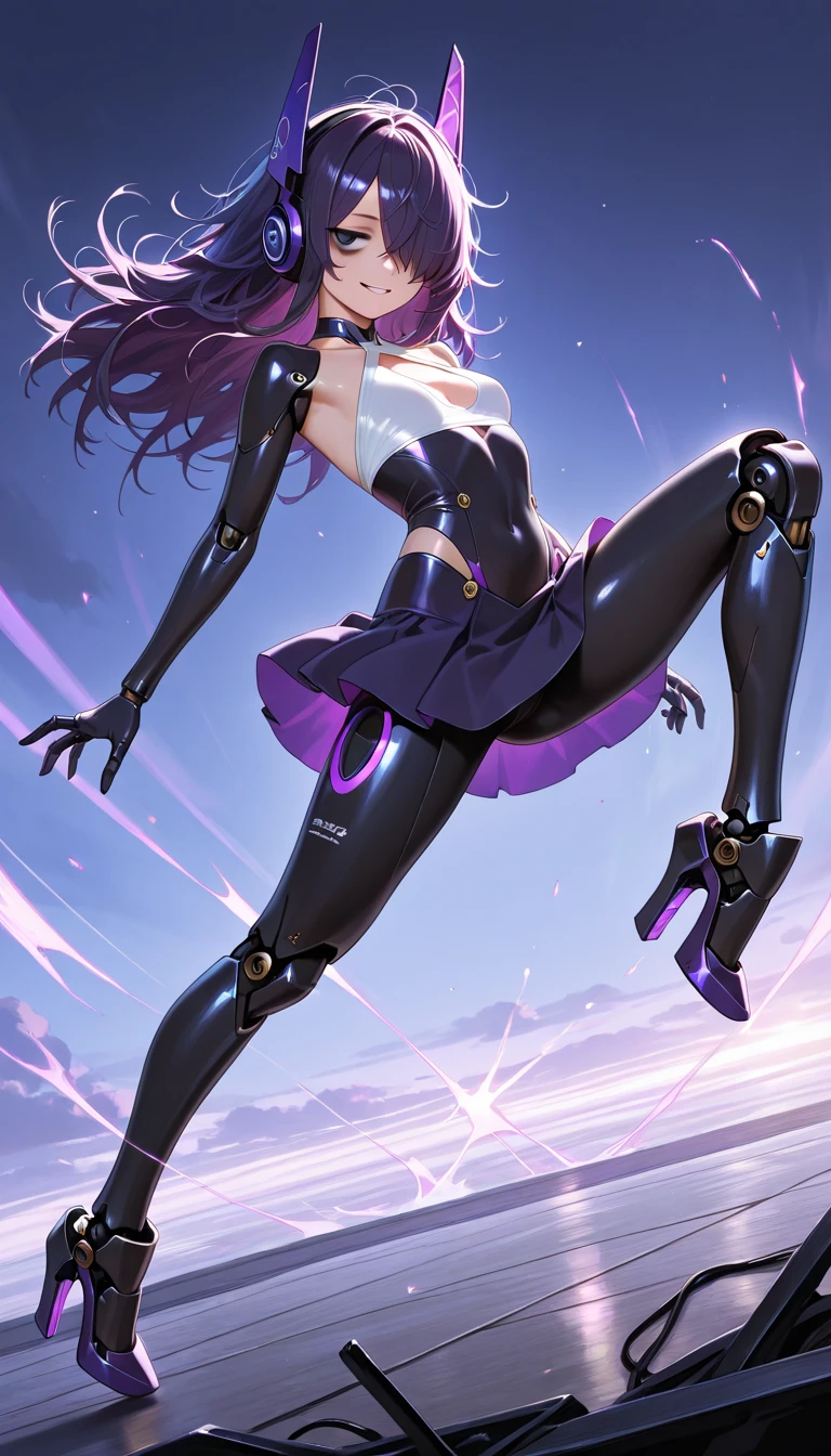 Highest quality　Highest quality　Draw a face carefully　High quality anime style faces　Super shiny skin　Black full body suit　Purple Pantyhose　barefoot　Succubus　Lure　smile　Rear View　Back view