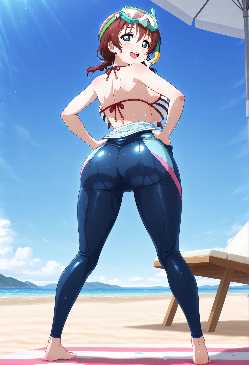 (masterpiece:1.3),(best quality:1.2), 
from below, low_angle_human, 1girl, short brown hair, blue school swimsuit, standing, (viewed from below), (underbutt shot), blue school swimsuit, ((front footage)), ((looking back at viewer)), ((view at viewer)), ((barefoot))
