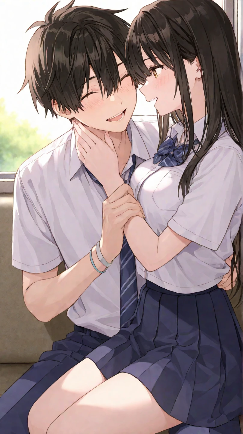 Highest quality,Highest quality,A female elementary school teacher in her 30s and a 6-year-old boy、The teacher is wearing a tight long skirt、The teacher hugs the boy from behind.、Put your hand in your crotch