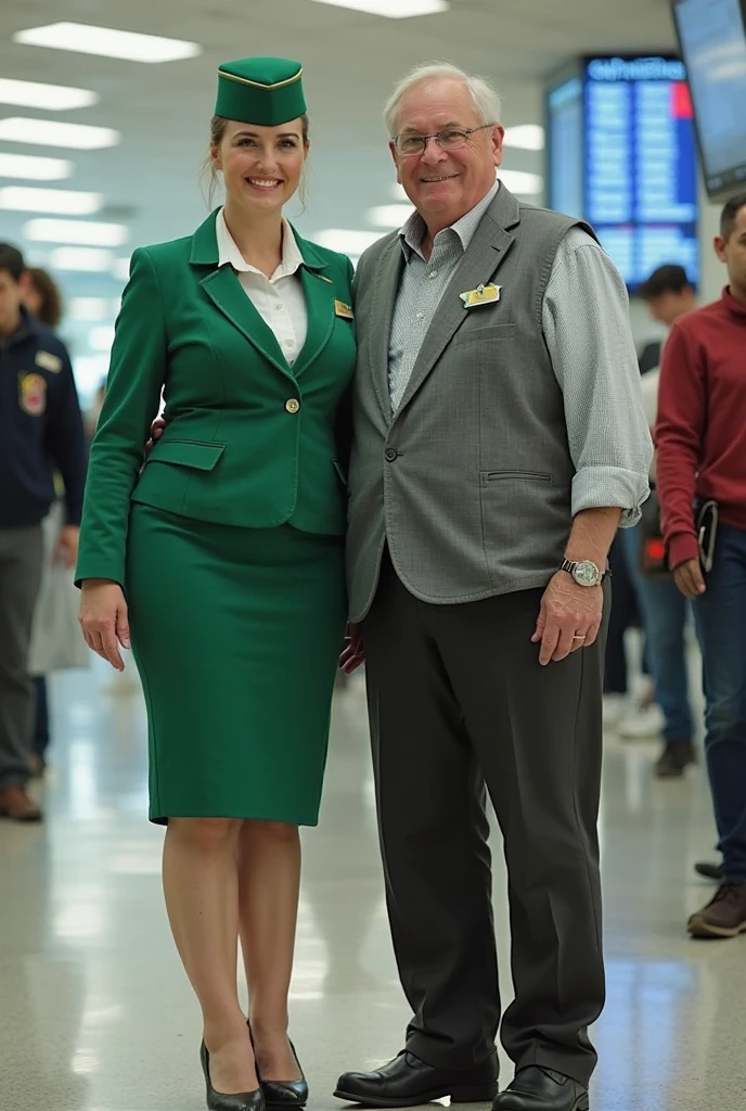 A pilot and stewardess couple, they are both smiling, o piloto esta com um relogio e uma mala em maos. The flight attendant has a red scarf around her neck and a badge hanging on her shirt.