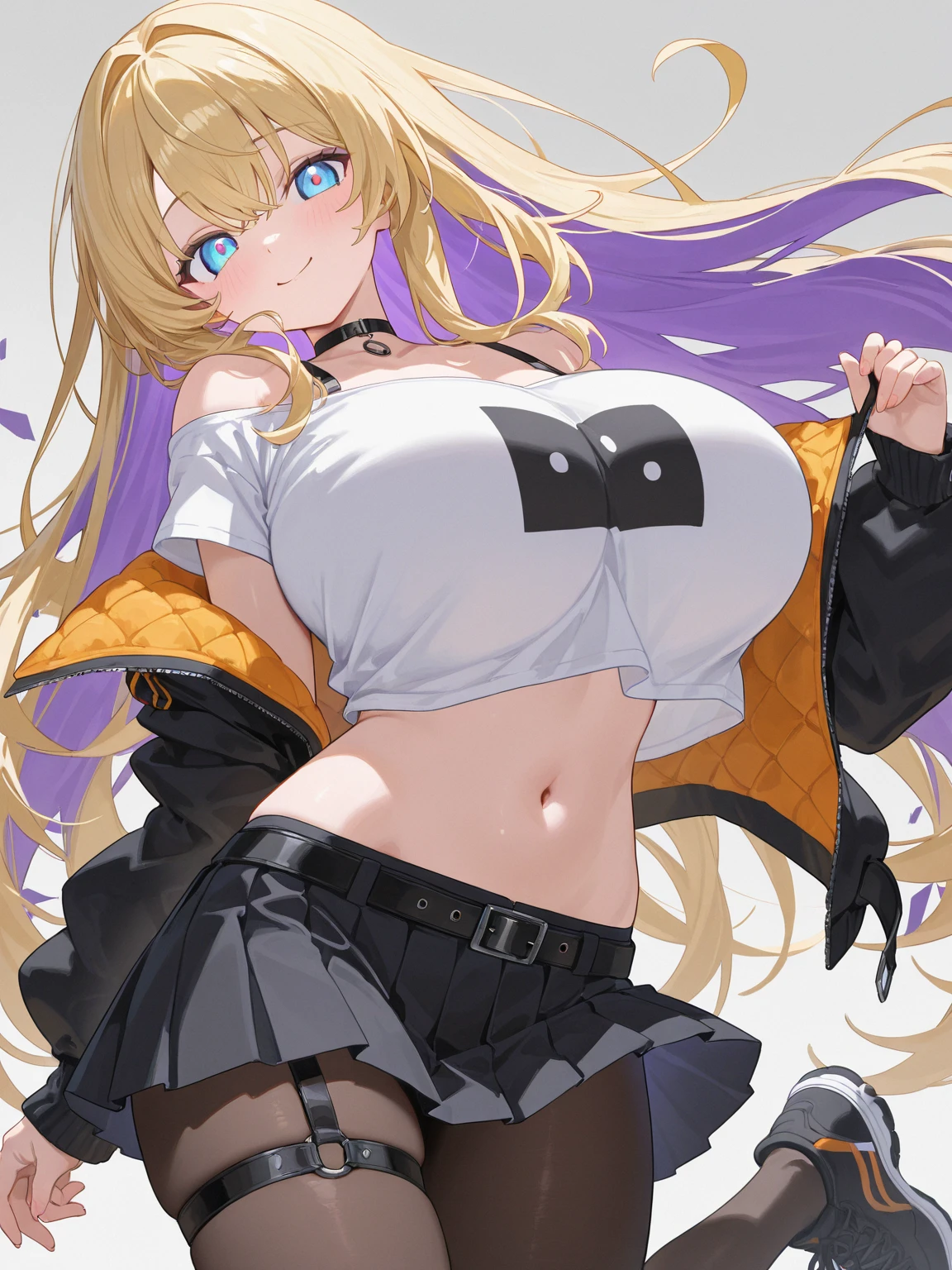 masterpiece, best quality, extremely detailed, 1girl, (milf, motherly:1.25), solo, (dark skin, black skin:2), (huge breasts:1.25), ((((blonde hair), long hair, purple eyes, halo, low wings, feathered wings, black wings))), blue lips, (((white hoodie, open hoodie, dress, blue leopard print dress))), ((naughty smile), closed mouth), ((hands on own hips, classroom))