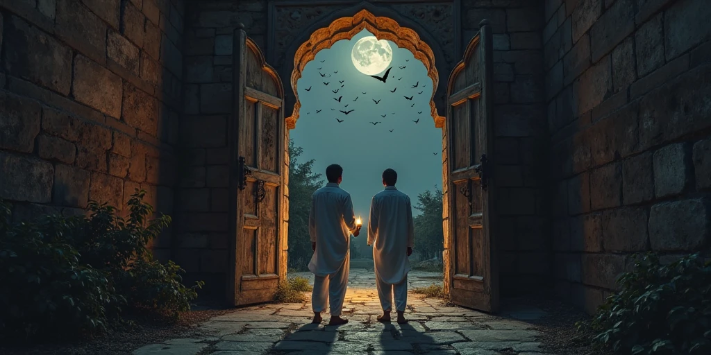 [Scene 6: The Friends Laughing Together]
Prompt: Ahmed and Farhan walking away from the haveli, laughing together under the night sky. The spooky haveli is in the background, but the mood is now light-hearted. The two friends share a moment of camaraderie, the fear replaced by smiles and laughter