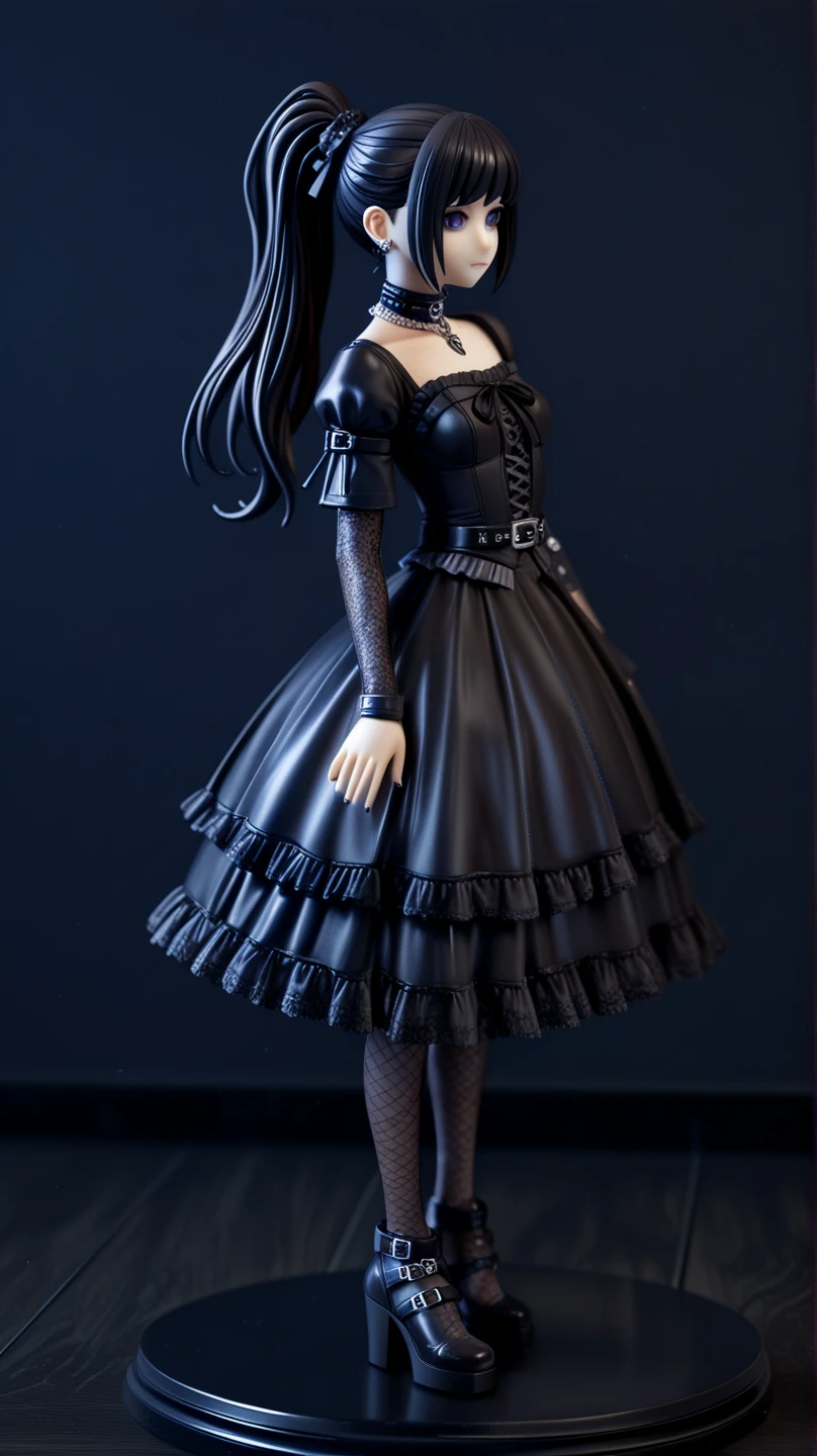 Chibi plush of a girl, Red eyes, long black hair covering some parts of his face, pale skin, red blush, serious face, knee-length white medieval dress and black corset, long transparent black denim gloves long white stockings with horizontal black stripes, Black patent leather shoes full body a slight touch of anime, chibi plush version