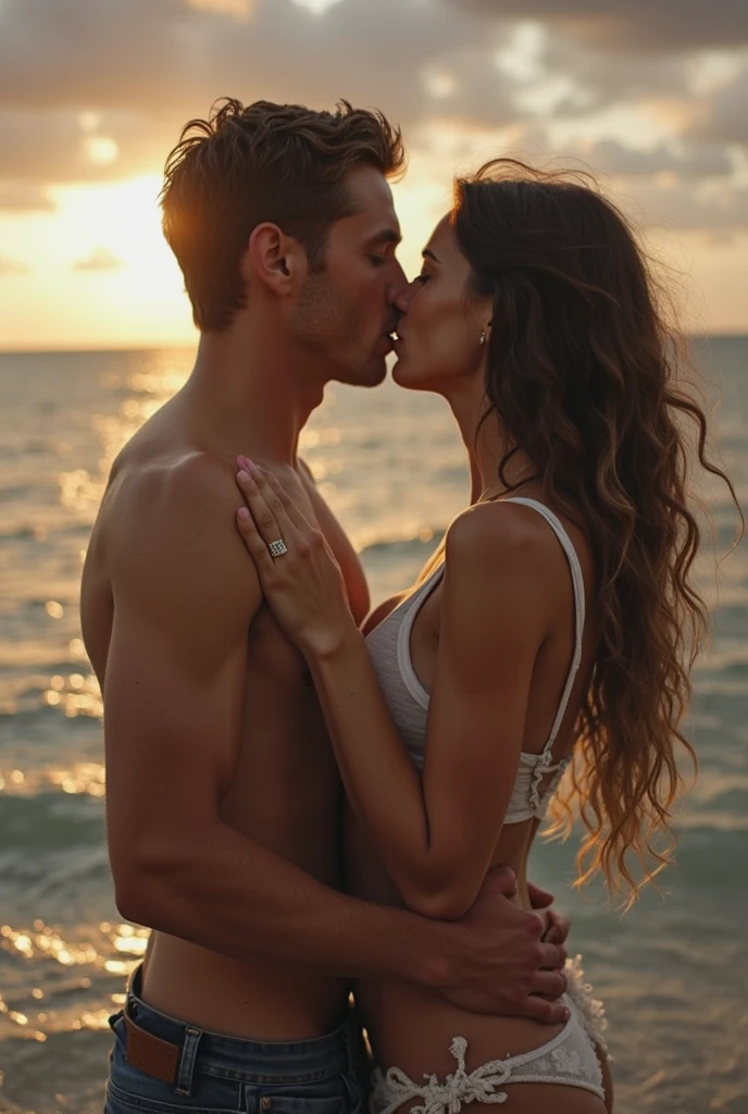 a beautiful intimate pre-wedding moment between ((2 people, a man and a woman):1.5) with sexy posture, huge saggy breast, detailed beautiful face, detailed perfect hand, hugging each other tenderly, front to back, on a sunset beach, dark love background, intimate and romantic ambient lighting, delicate and sensual, high quality, photorealistic, dramatic lighting, soft focus, extremely detailed, masterpiece, photon mapping