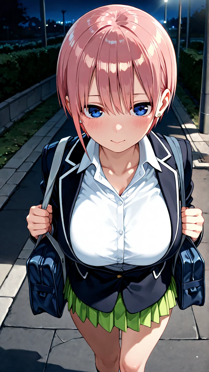 masterpiece, Highest quality, High resolution,(throw_hand grabbing chest),,One girl, One boy,Age difference,bow tie,Blonde,chest,Long Hair,Pink Hair,pleated skirt,Tucked in shirt,short hair,skirt,smile,Tent shirt,amusement_garden,breasts grab,腕をつかむ女の子