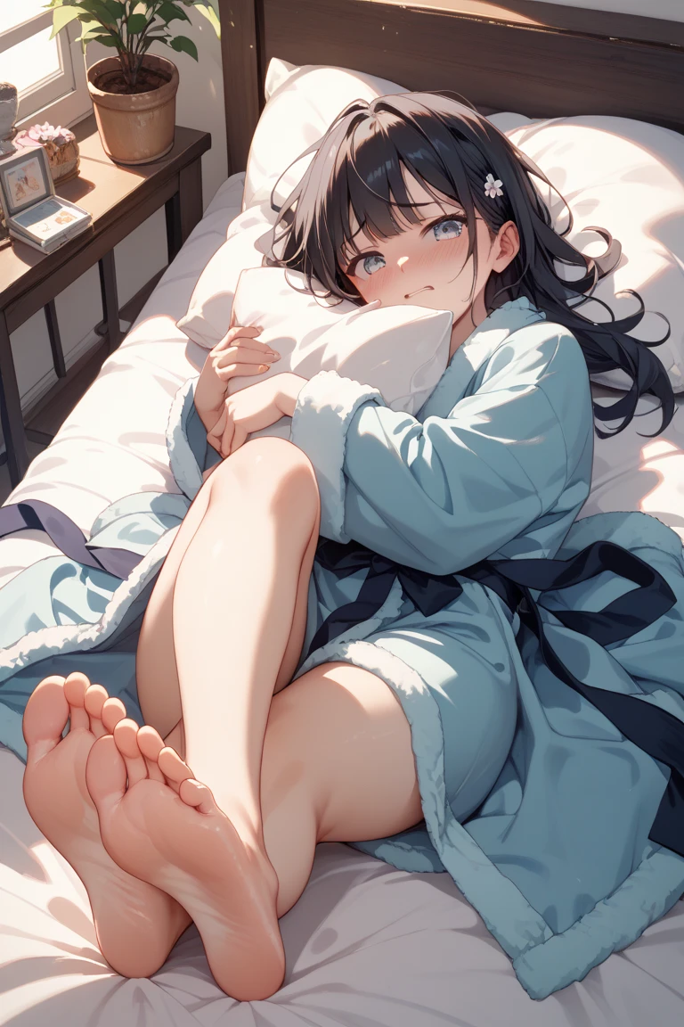 (masterpiece),(Highest quality),sexy,Navy blue kimono,Clothes falling apart,Black Hair,Short Bob,Bangs,Curl your hair outwards on both sides,crossdresser,cute,blush,Watery eye,Iris,Bed in your room,Black spats