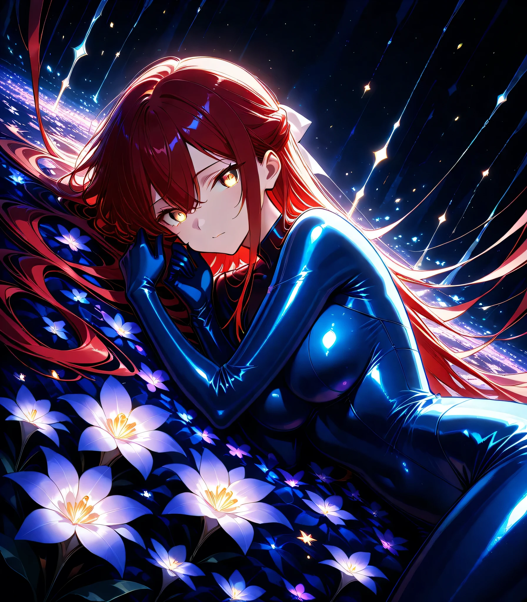 1 girl , golden eyes , very long hair , long sidelocks, red hair ,half updo, petite , very cute , beautiful ,Straight hair, cool, handsome, hair between eyes, sexy, medium breasts , blue bodysuit,glowing red hair, laying in flowerbed, ultraviolet light, ultraviolet flowers, best quality, masterpiece, dark background, comforting, elegant, glossy, ethereal , score_9, score_8_up, score_7_up, source_anime,