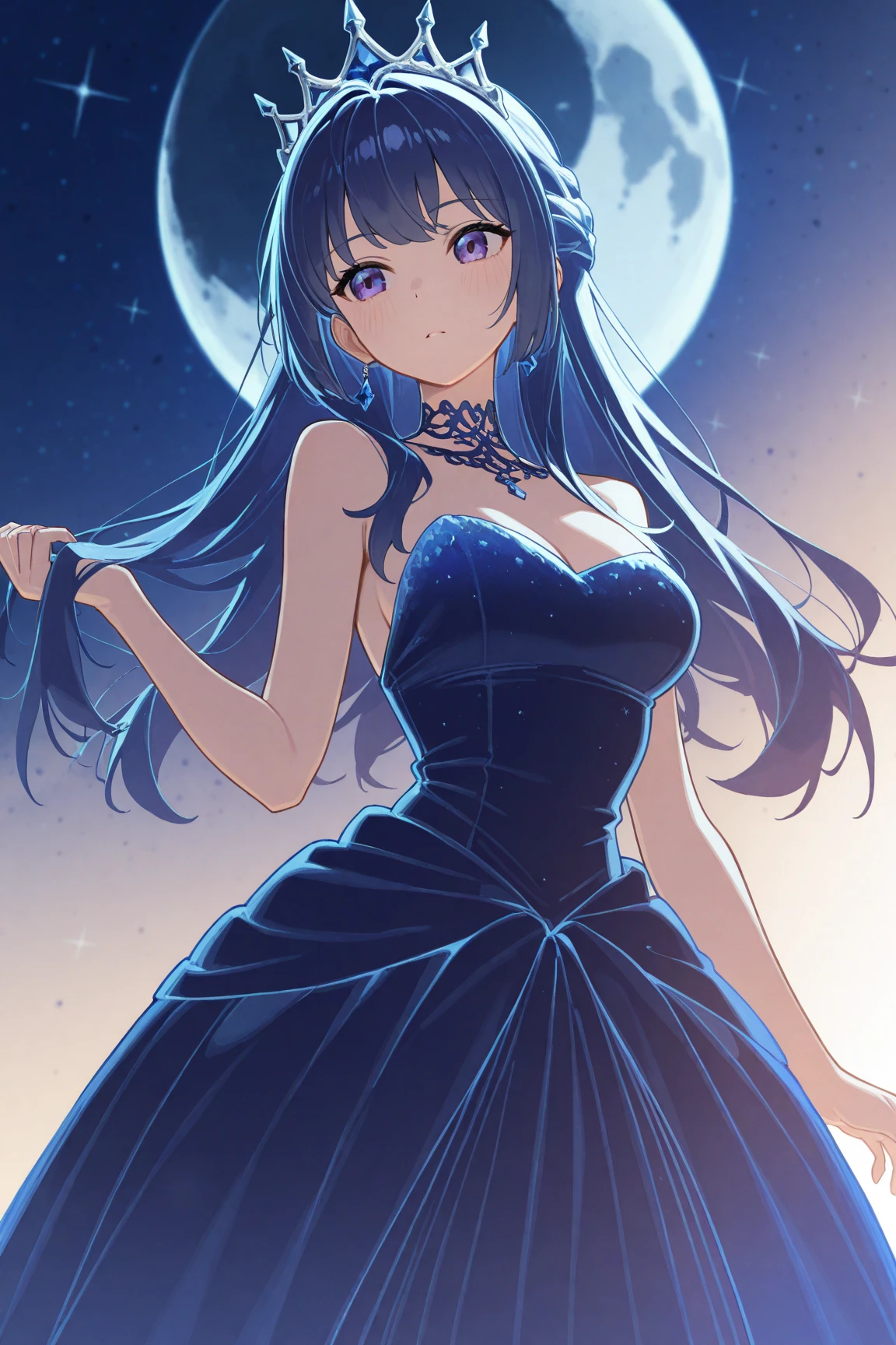 1 mujer, cabello corto azul, ojos negro, con vestido de gala negro, viendo la luna llena con una sonrisa, dress taught half miss