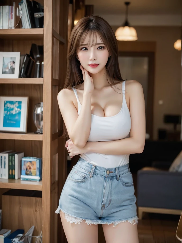 ((top-quality、8k、masterpiece:1.3))、Beautiful One Woman in Perfect Style、affectionate smile、denim pant、jeans、big breasts thin waist、slim legs