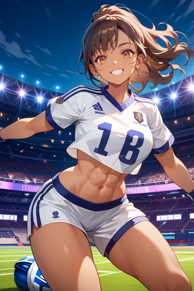 cute, sexy, girl, brown hair, ponytail, soccer, soccer field, summer, hot, sweating, tired, hot, whore, tall, standing, running, long legs, belly, button, skinny, tied back hair, 1girl, stadium, copa America, soccer stadium, tournament field, big crowd, 1girl, solo, alone, naked, , skinny, vagina, sexy, 