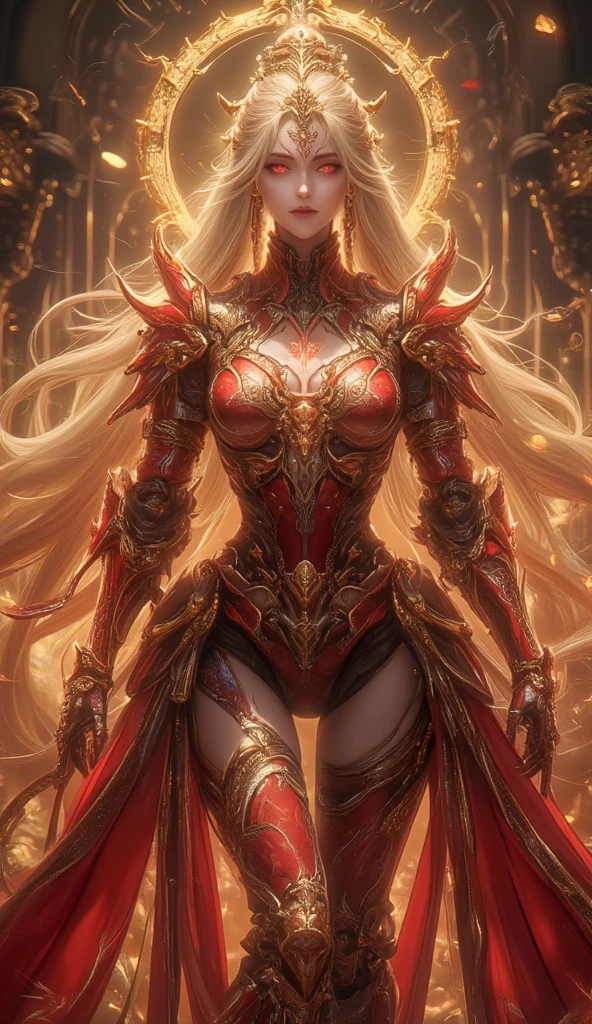 a girl in a warrior costume ready to fight an intense war holding two red swords her face is full of tension and fear standing with proud