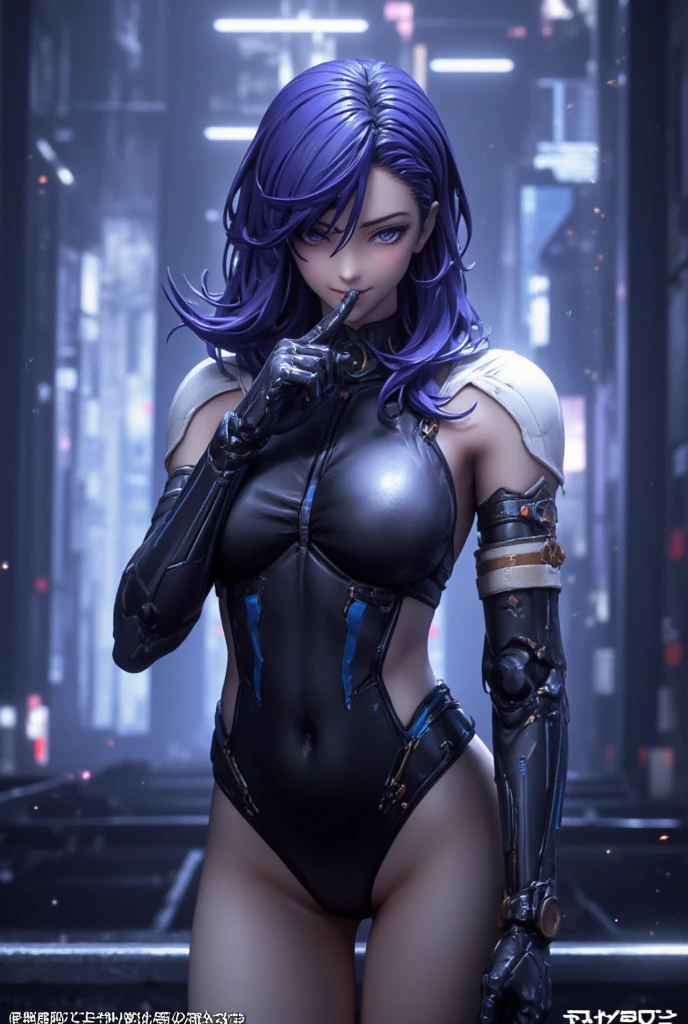 Cyberpunk style, Motoko Kusanagi style, female cyberpunk model holding a dagger, wearing a short skirt and boots, sitting on a table, inspired by authentic Shiro from the cyberpunk 20s, fantasy cyberpunk girl, modern cyberpunk anime, beautiful cyberpunk female model.