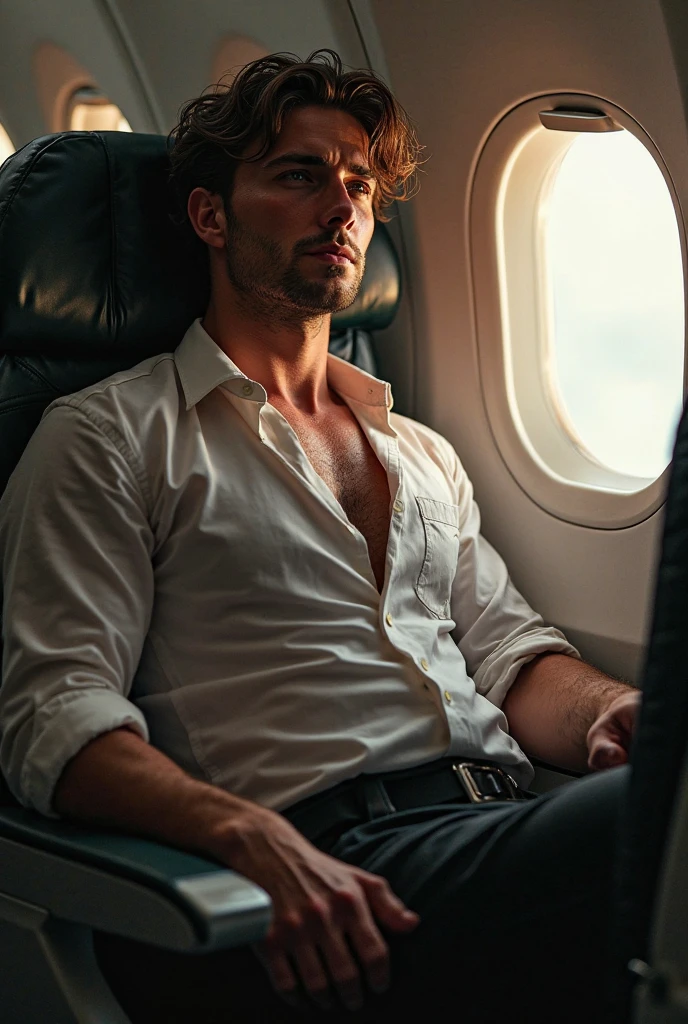(man), handsome male CA, flight attendant, tan, muscular, full-body, shirtless, on airplane, (high detail: 1 in 1), natural skin, high quality, nsfw, beautiful eyes, (detailed face and eyes), (face: 1 2), noise, real photo, psd, sharp focus, high resolution 8k, realistic, professional photography, 8k uhd, soft lighting, high quality, film grain, fujifilm xt3