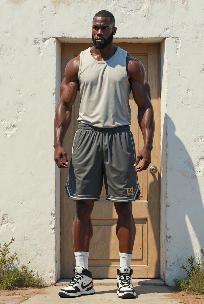 Dark-skinned athlete opens the door of his house