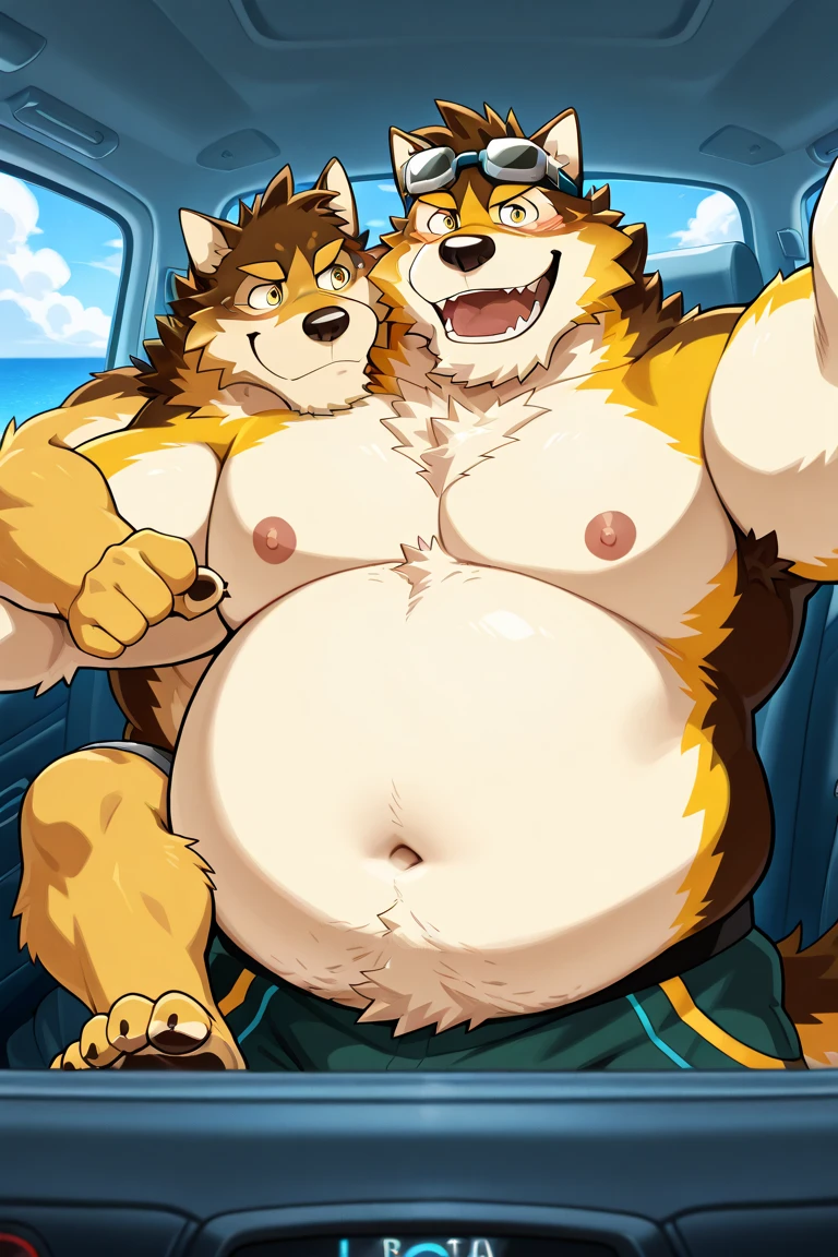 1male, anthro, musclegut, no abs, strong, daddy, wide shoulders, wide torso, (kemono), dragon, yellow body, white mane, white brows, horns, tail, ((underwear, erection under clothes)). 1male, anthro, musclegut, no abs, strong, daddy, wide shoulders, wide torso, (kemono), (Old brown Wolf, lycanthrope), naked, no underwear, wet, excessive sweat, beach, detailed background, light particles, hi res, bara, sad, ((duo, gay, anal sex from behind, reverse Suspended Congress, weak, arm down, hand down, tongue out sideway, excessive cum)), drooling, far view