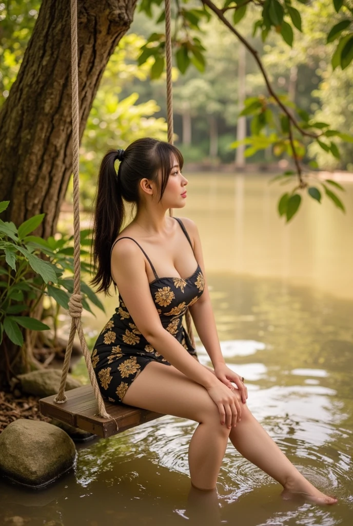 (hyperrealistic photo), exotic beautiful indonesian woman, plump, natural big breasts, mini tanktop, short jeans, sit on garden swing under banyan tree, sensual pose, seductive expression, looking at the viewer, natural light, wide angle full-body shot, indonesian village house in the background,
