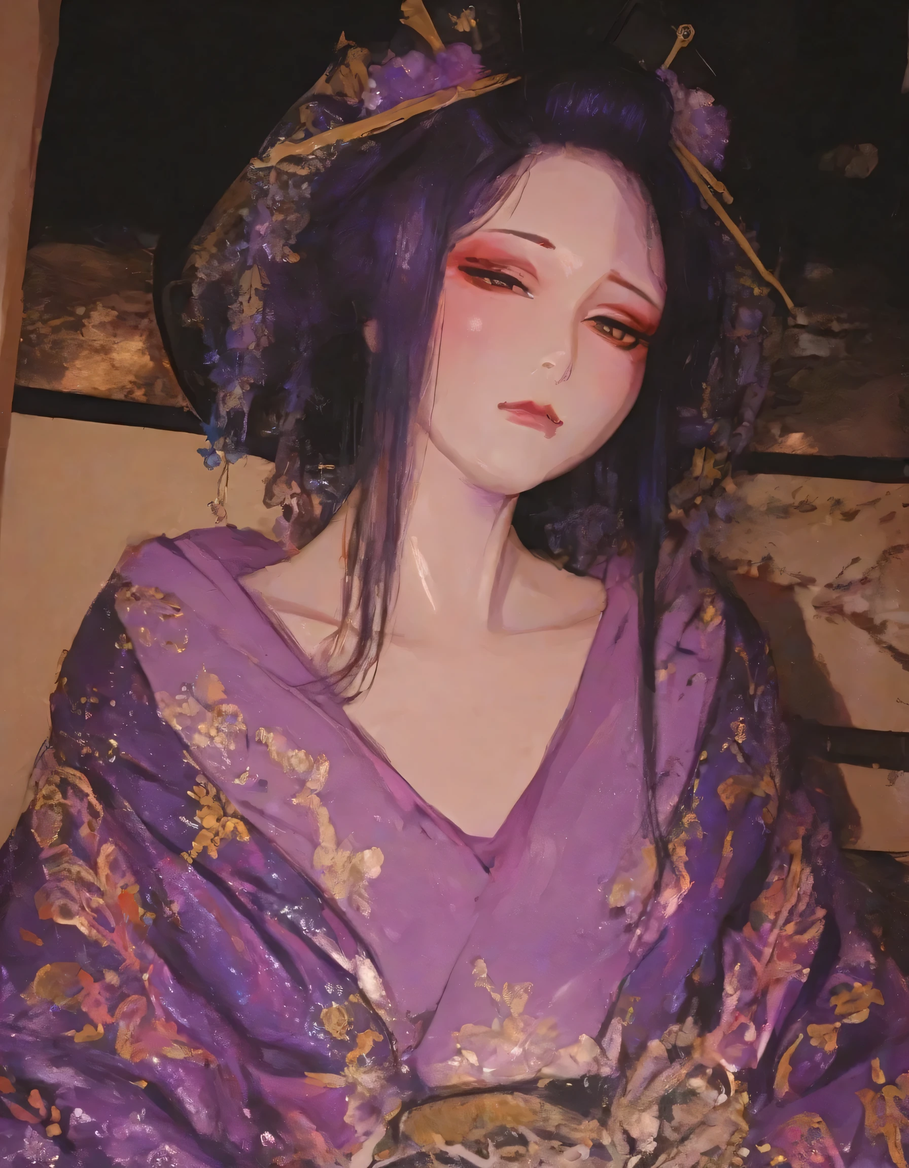 ,best quality, masterpiece, 748cm style,1girl,(upperbody),closed up face,sexy mint purple kimono,natural cosmetic,adult female face,Ukiyo-e, Courtesan, Night, Edo Period,Entertainment district, inn,looking at viewer:1.3,A look of contempt,