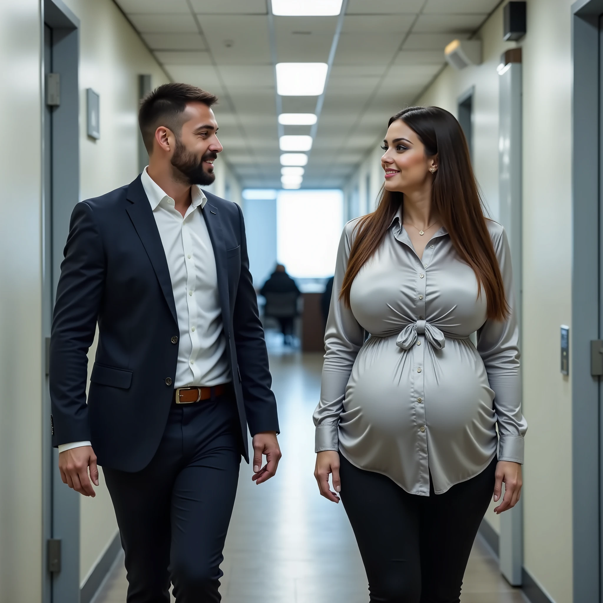 stock photo, extremely high quality, 8k, cinema style, (((whole body in picture))), 30yo attractive gorgeous elegant lady, Eleonora Pavinat, 9 months pregnant, gigantic and hevy pregnant belly, wide hips, sportive figure, long open hair, beautiful eyes, cozy, casual, film grain, analog, (gigantic saggy oversized breasts:1.8), cozy loose sweater, very long business skirt, high heels, talking to a 16 yo (((male))) student, both persons standing in a modern city and talking to each other, both persons shown from the side