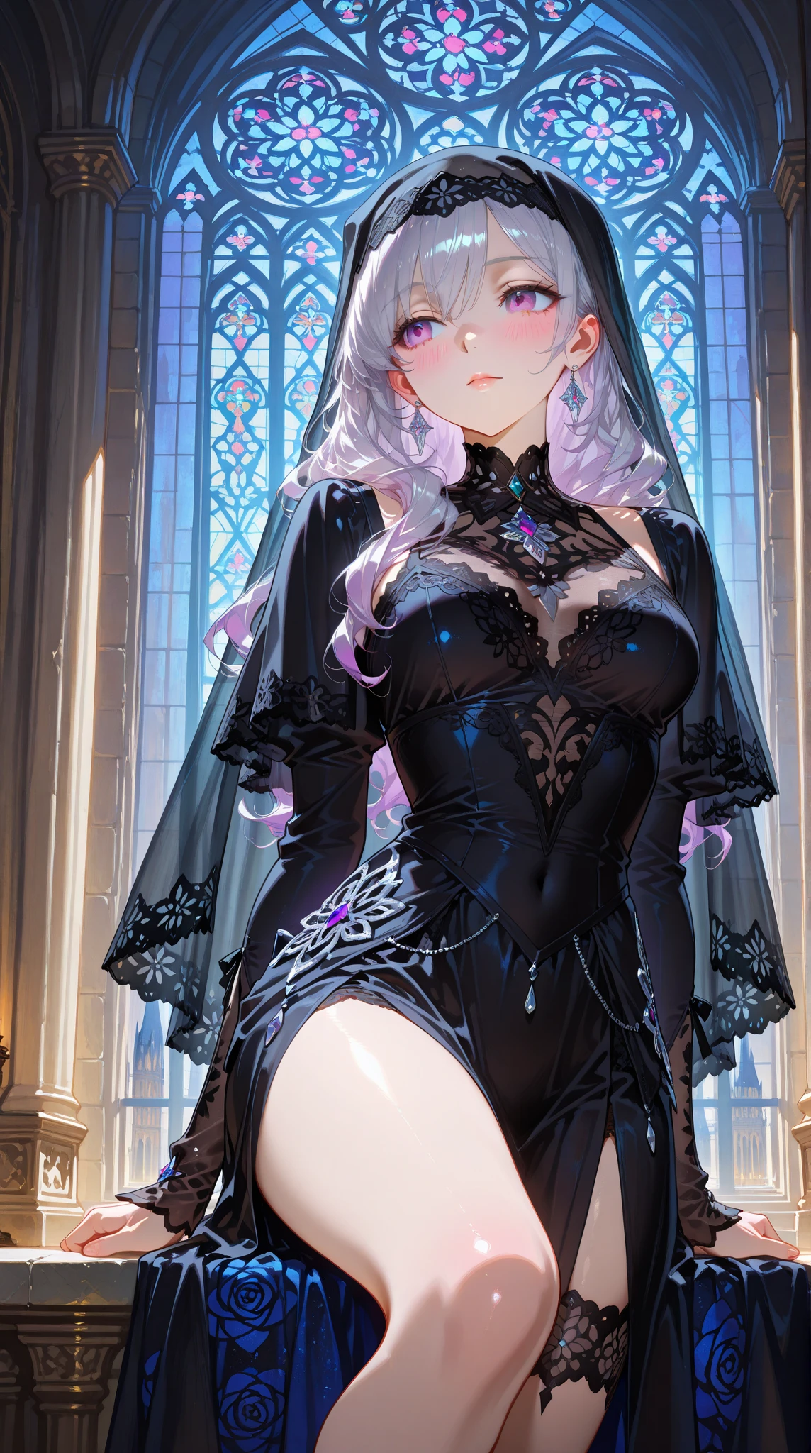 A female vampire (peitos pequenos, cabelos azul-escuros), obra-prima, melhor qualidade, (papel de parede CG unity 8k extremamente detalhado), (melhor qualidade), (best illustration), (melhor sombra), Absurdo, lifelike lighting, (abismo), lindo brilho detalhado, pose natural, de corpo inteiro, standingn, petals falling, interior, Fanning, lanterna, 16k, HDR, Altas, campo de profundidade, (grain of film: 1.1), Livro, hora dourada, (Reflexo da lente), vinheta, rainbowart, (color classification: 1.5)