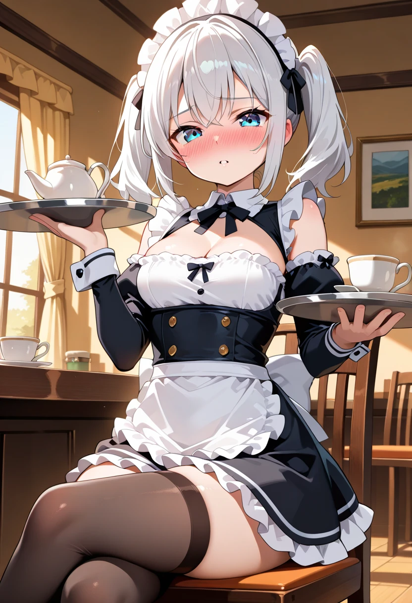 1girl, solo, long hair, looking at viewer, smile, bangs, skirt, shirt, gloves, hat, ribbon, holding, twintails, very long hair, closed mouth, hair ribbon, short sleeves, grey hair, boots, frills, socks, striped, white gloves, black skirt, black footwear, apron, english text, cup, kneehighs, black headwear, black ribbon, neck ribbon, buttons, bottle, frilled skirt, waist apron, vertical stripes, drinking glass, tray, teacup, green shirt, teapot, holding tray, in container, saucer, striped socks, in cup, sugar cube
