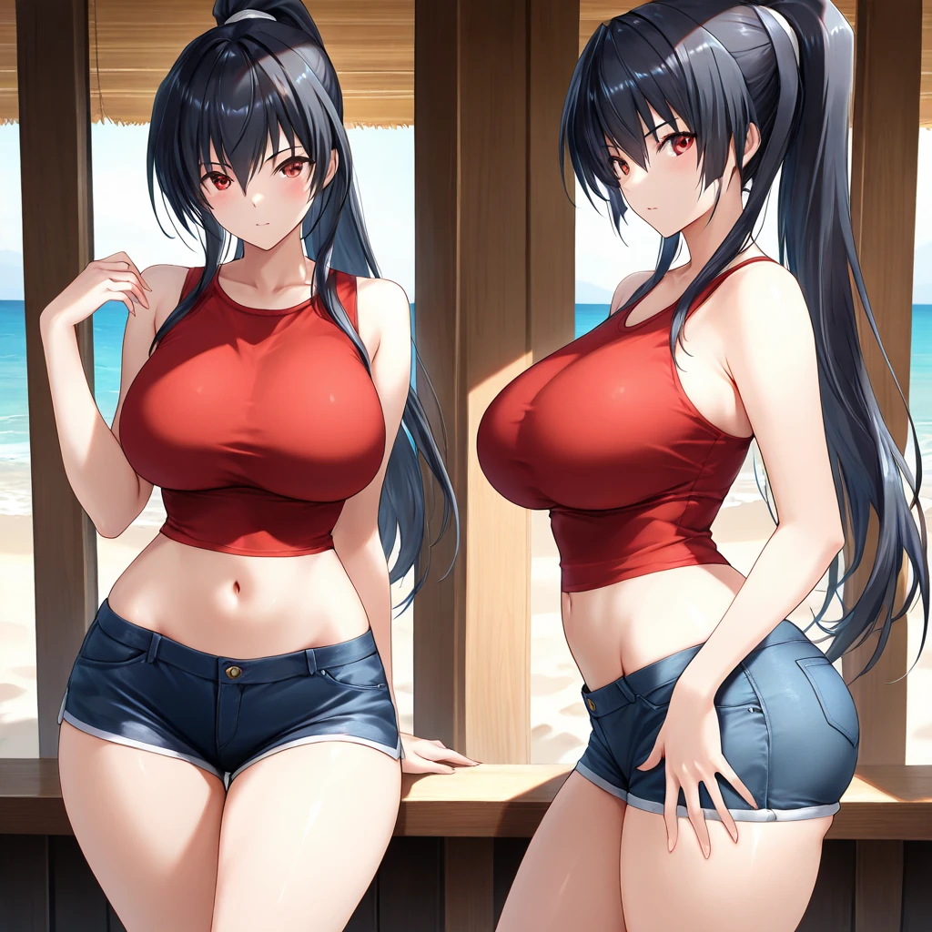 (18 years ago )，large breasts, triple D cup breasts, under , large round buttocks, big ass, juicy thighs, thick legs, （​masterpiece，Highest Quality），Crop Top Look，Pastel Hoodie，(Gingham Check Shorts)，A dark-haired，Twin-tailed，World of toys, full body shot, full length 