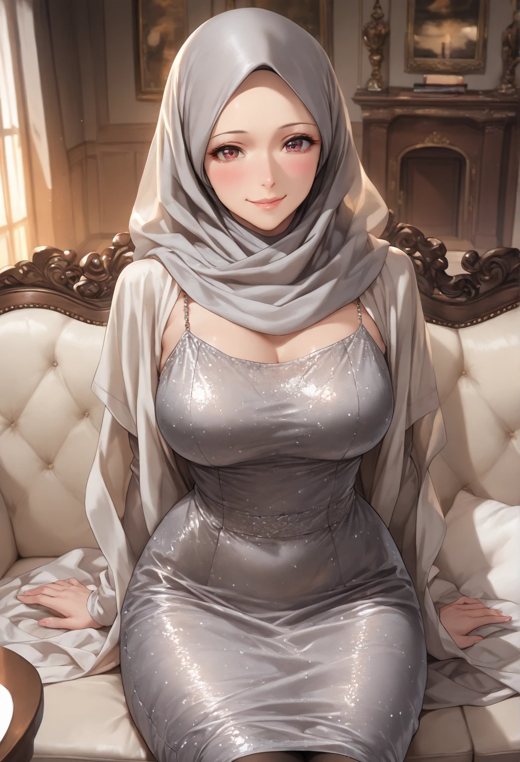 (best quality, HDR, highres, masterpiece:1.2), ultra-detailed, realistic:1.37, portraits, colorful, warm lighting, pretty malay woman, hijab, satin gamis, detailed eyes, beautiful detailed lips, long eyelashes, radiant smile, flawless skin, delicate features, elegant posture, confident expression, subtle makeup, alluring gaze, bright and expressive eyes, graceful hands, feminine curves, curvy figure, slender waist, shapely hips, round and firm butt, close-up shot of the butt, visually appealing composition, soft and flowing fabric of the hijab, vibrant colors, harmonious color palette, rich texture, ethereal atmosphere, traditional yet modern, cultural pride, captivating beauty.