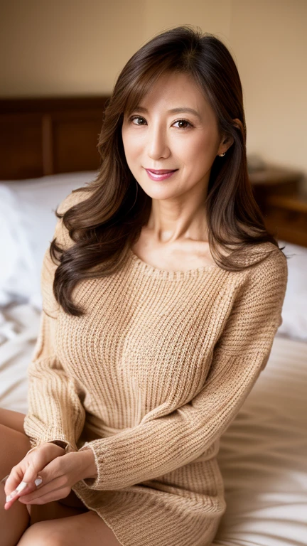 Amazing beauties、(Wrinkles at the corners of the eyes:1.3)、a blond、japanes、drooing eyes,full of sweat、Heavy sweat、Mature and attractive woman、bbw、Chunky lips、shiny lips、Saggy udder、knitted sweater、(A smile:1.3)、fully body photo、Sitting with legs open、There is a navel、camel's toe