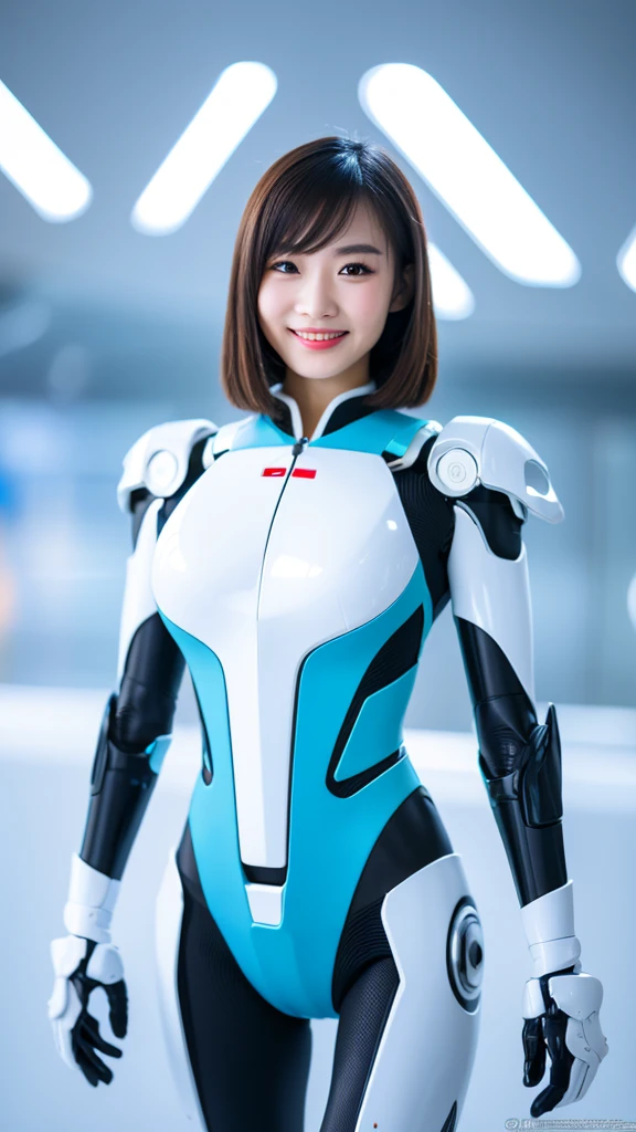 (Highest quality ,High resolution,masterpiece:1.2), Very detailed, Realistic:1.37, (Perfect Anatomy), whole body,1 Girl ,Cute and perfect 22-year-old Korean figure skater,(Converted into a cyborg),(Big smile:1.2), Beautiful Eyes, Detailed facial features, (Big smile), Attention to detail in costumes, Great eyes, Beautiful Lips,Clear Short Hair, (Cute figure skating uniforms、Transforms into a futuristic, shiny, skin-tight PVC cyborg suit:1.4),,Bangles, cybernetics, cyber punk, Intricate decorative details,(Natural Makeup) ,(Background: Cyborg operating room equipped with advanced computer equipment and digital mecha:1.3)..