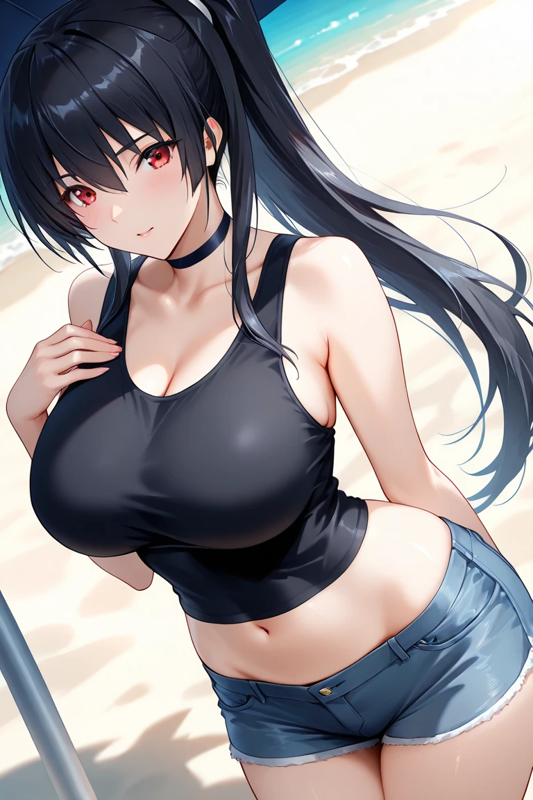 (Realista, alta resolução:1.3), 1 menina com um corpo perfeito, rosto e olhos super finos,cabelos compridos, Random color tank:1.2, denim short pants, peito grande,Expor clivagem